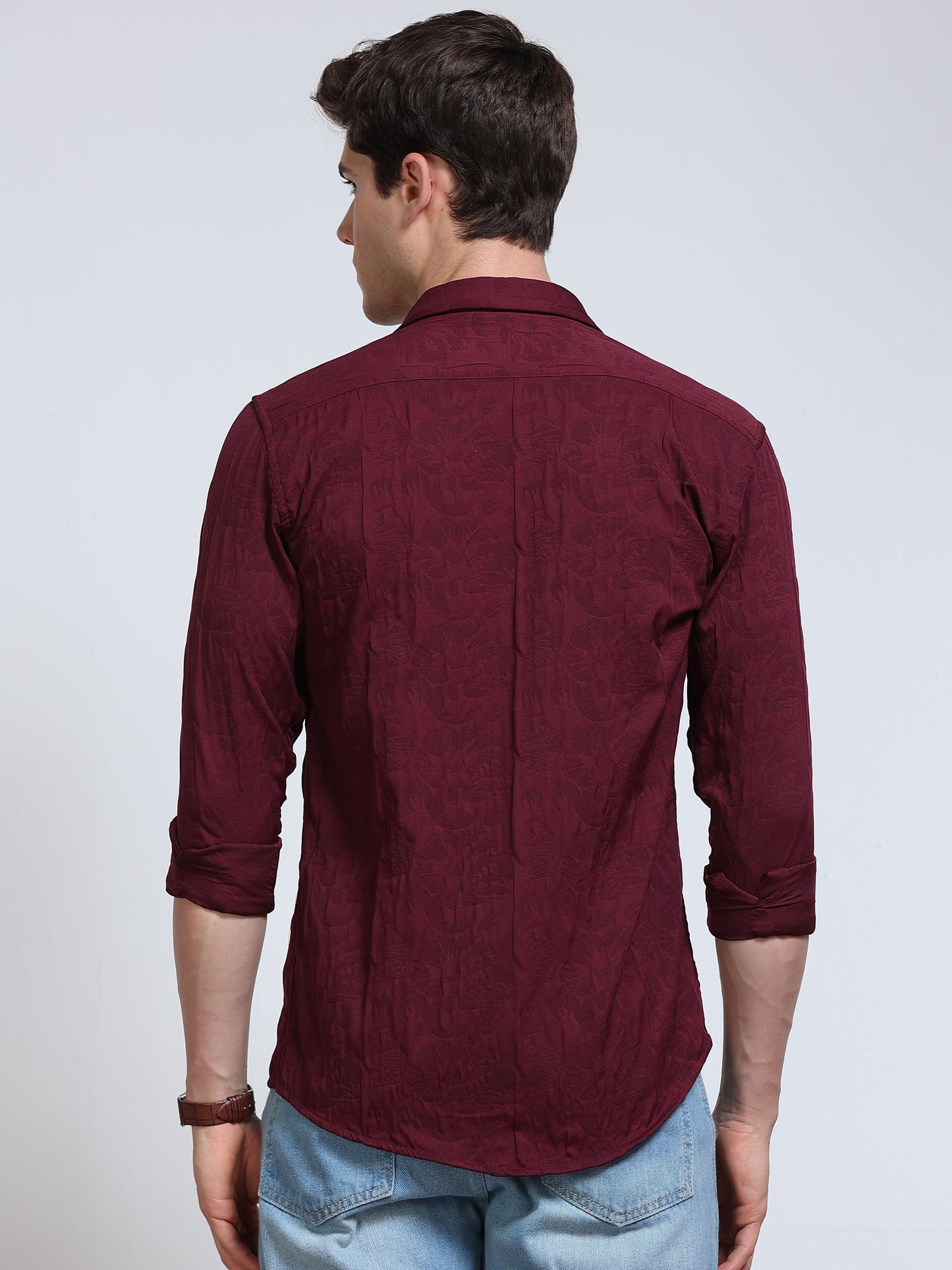 Men's Wine Maroon Abstract Crinkle Textured Casual Shirt