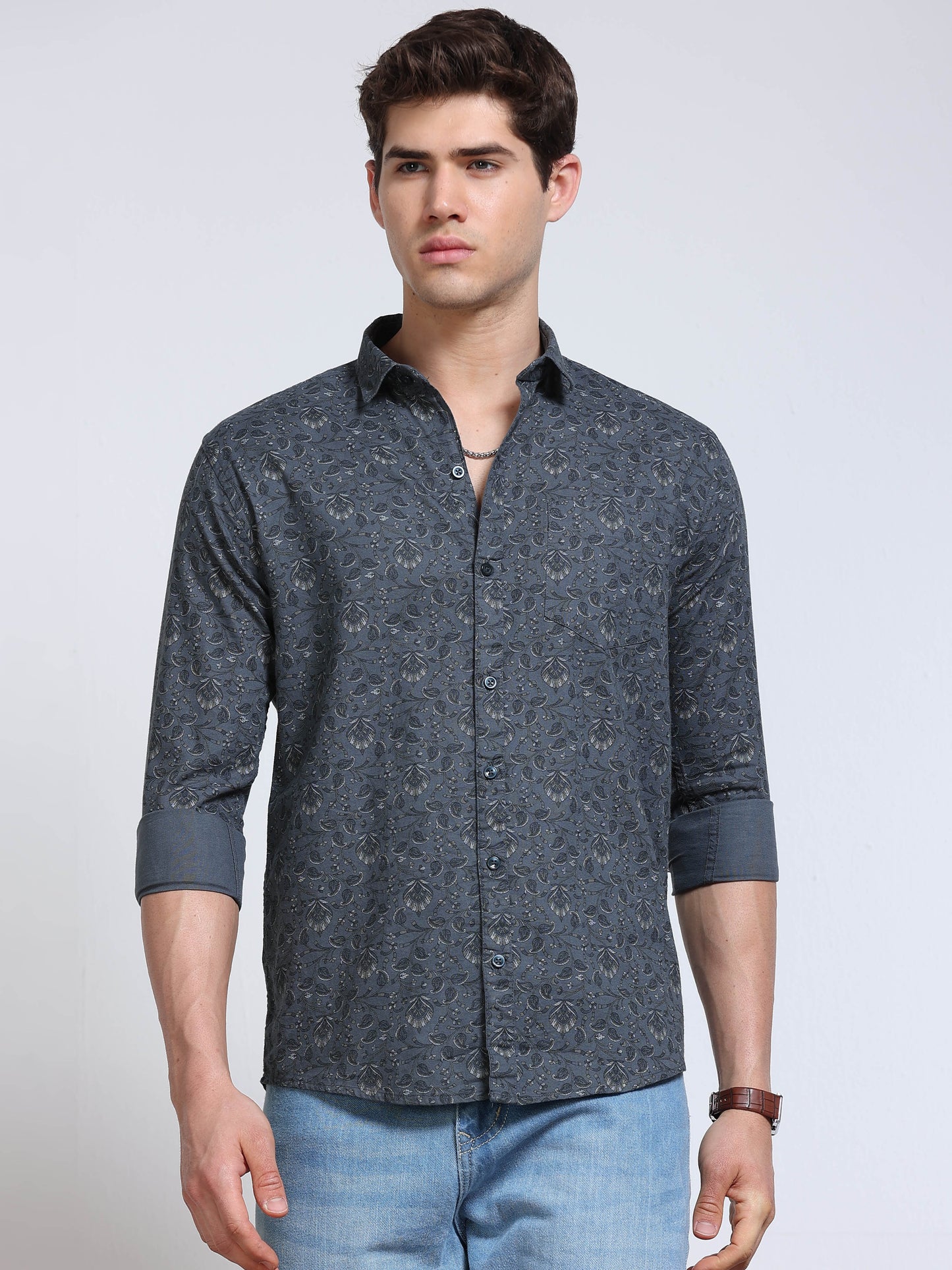 Men's Linen Dark Grey Teal Micro Floral Vine Printed Shirt