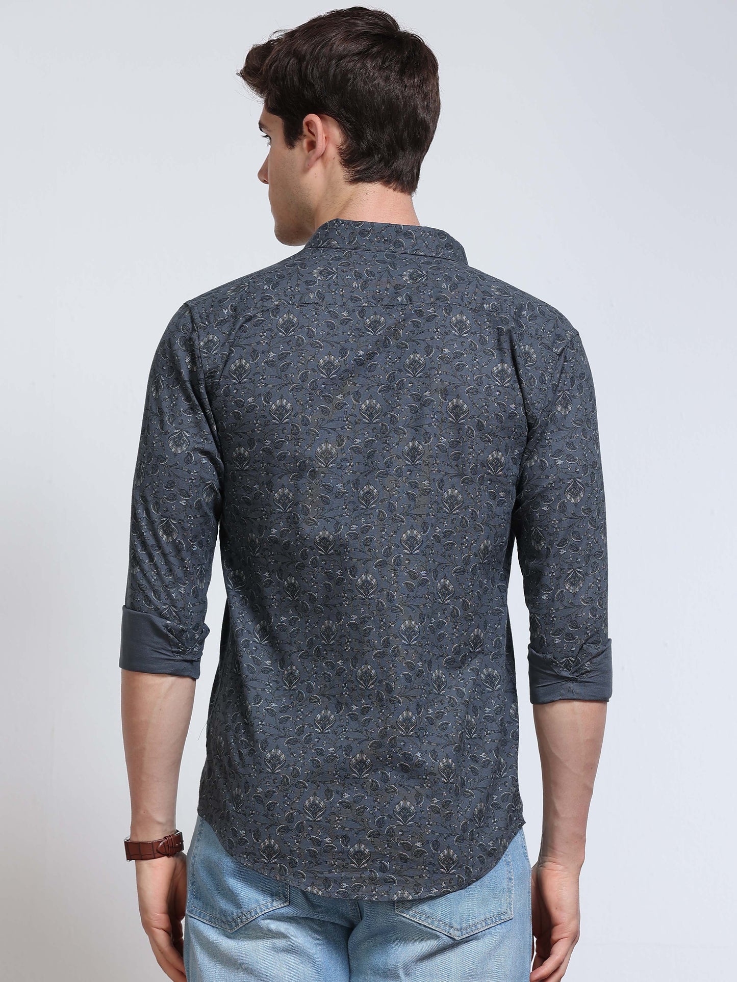 Men's Linen Dark Grey Teal Micro Floral Vine Printed Shirt