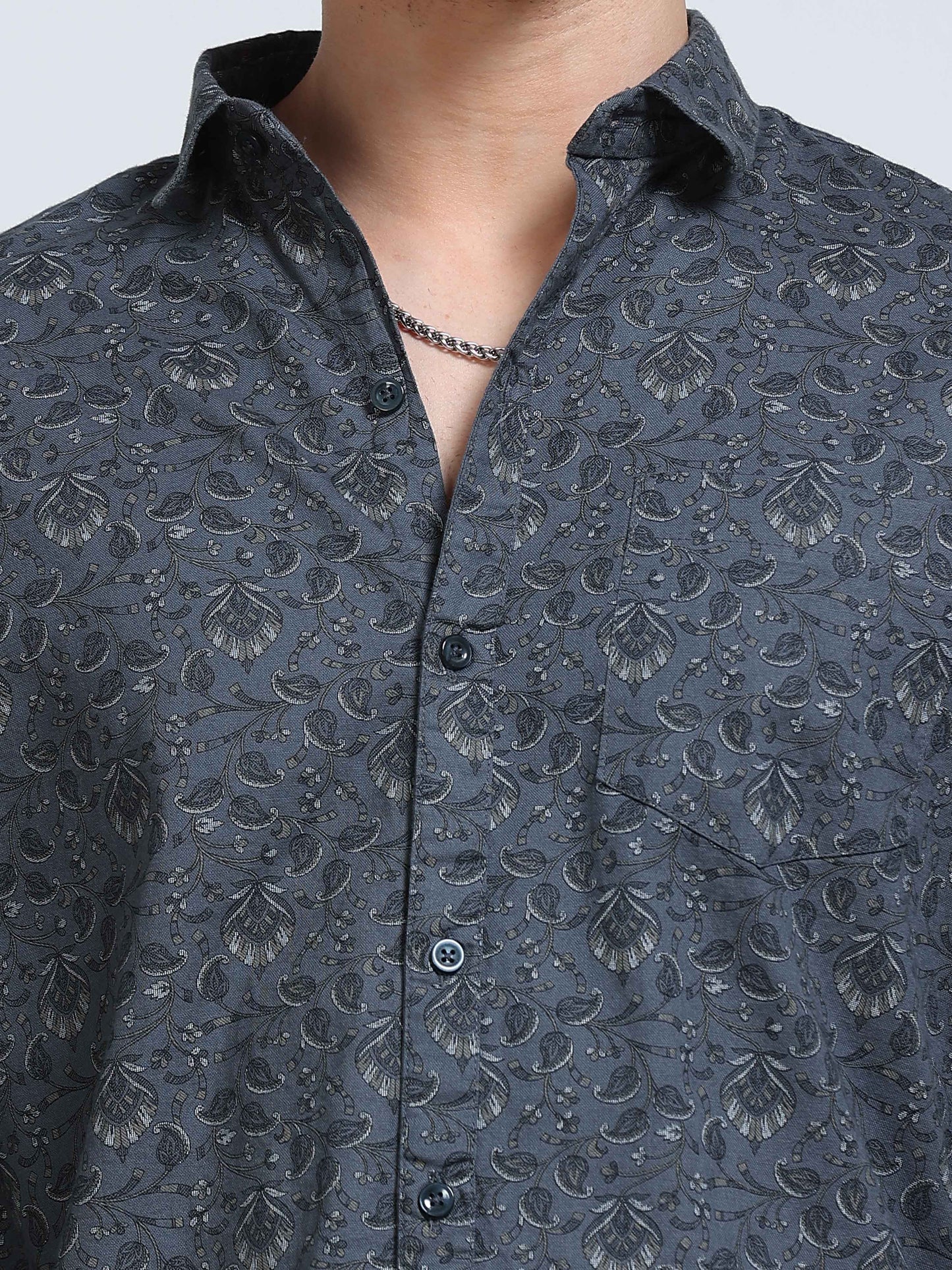 Men's Linen Dark Grey Teal Micro Floral Vine Printed Shirt