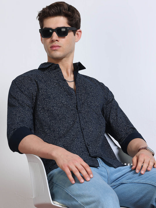 Men's Linen Navy Blue Micro Star Geometric Printed Shirt