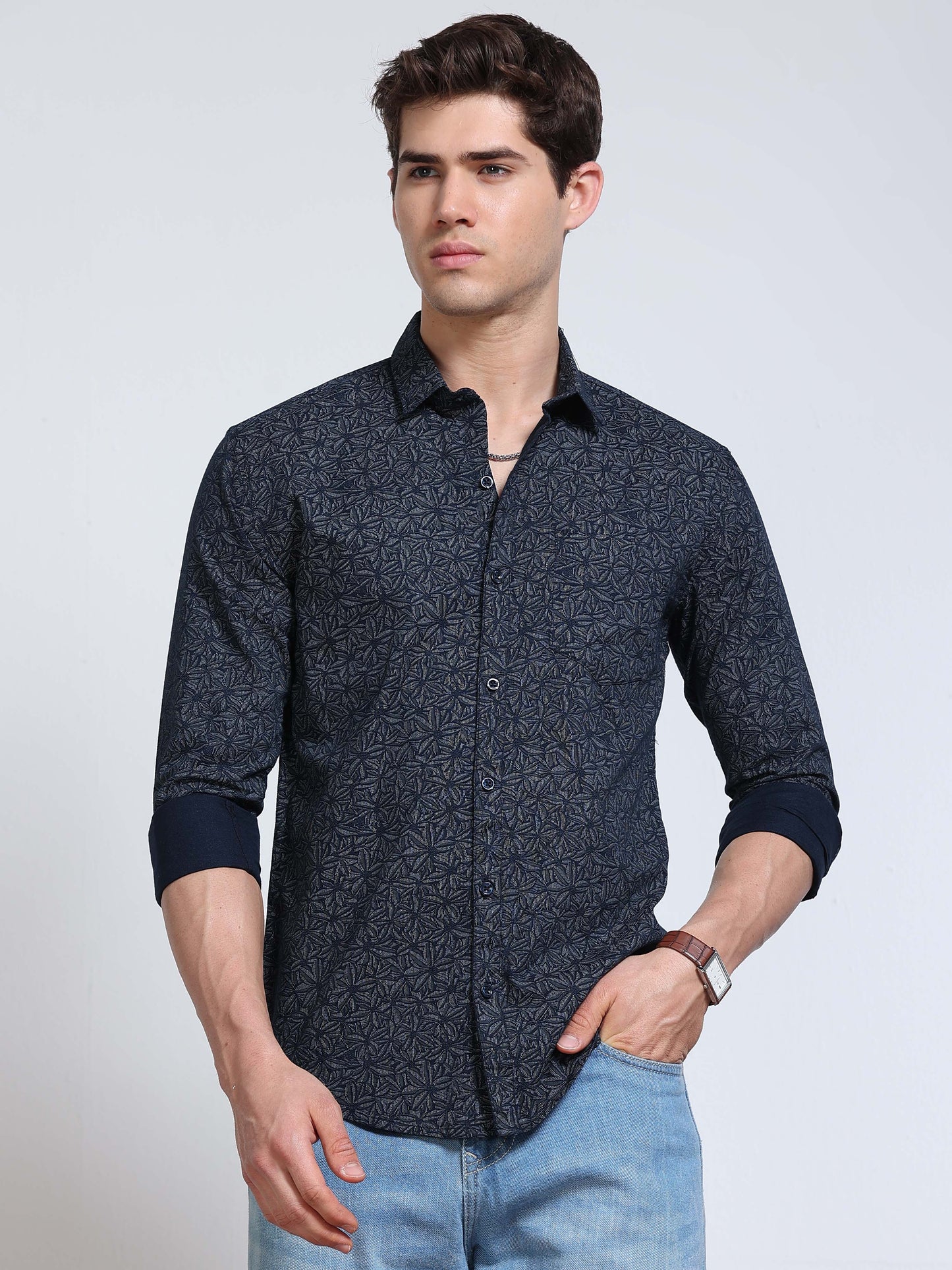 Men's Linen Navy Blue Dark Micro Pinwheel Star Geometric Printed Shirt