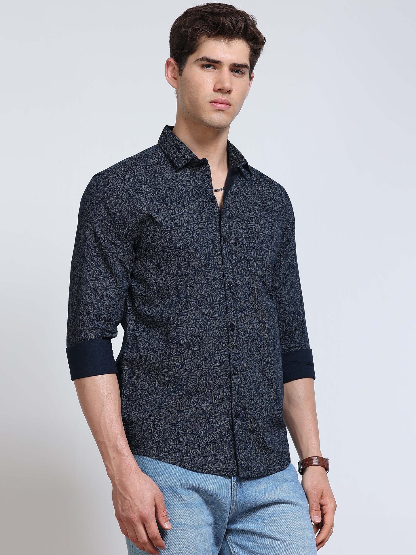 Men's Linen Navy Blue Micro Star Geometric Printed Shirt