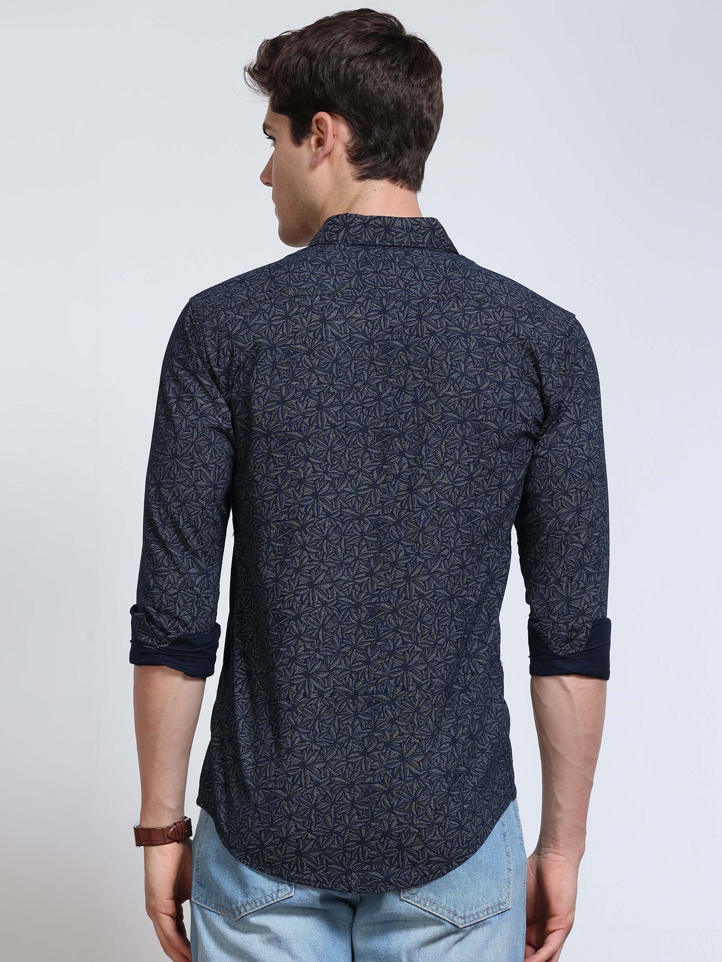 Men's Linen Navy Blue Micro Star Geometric Printed Shirt