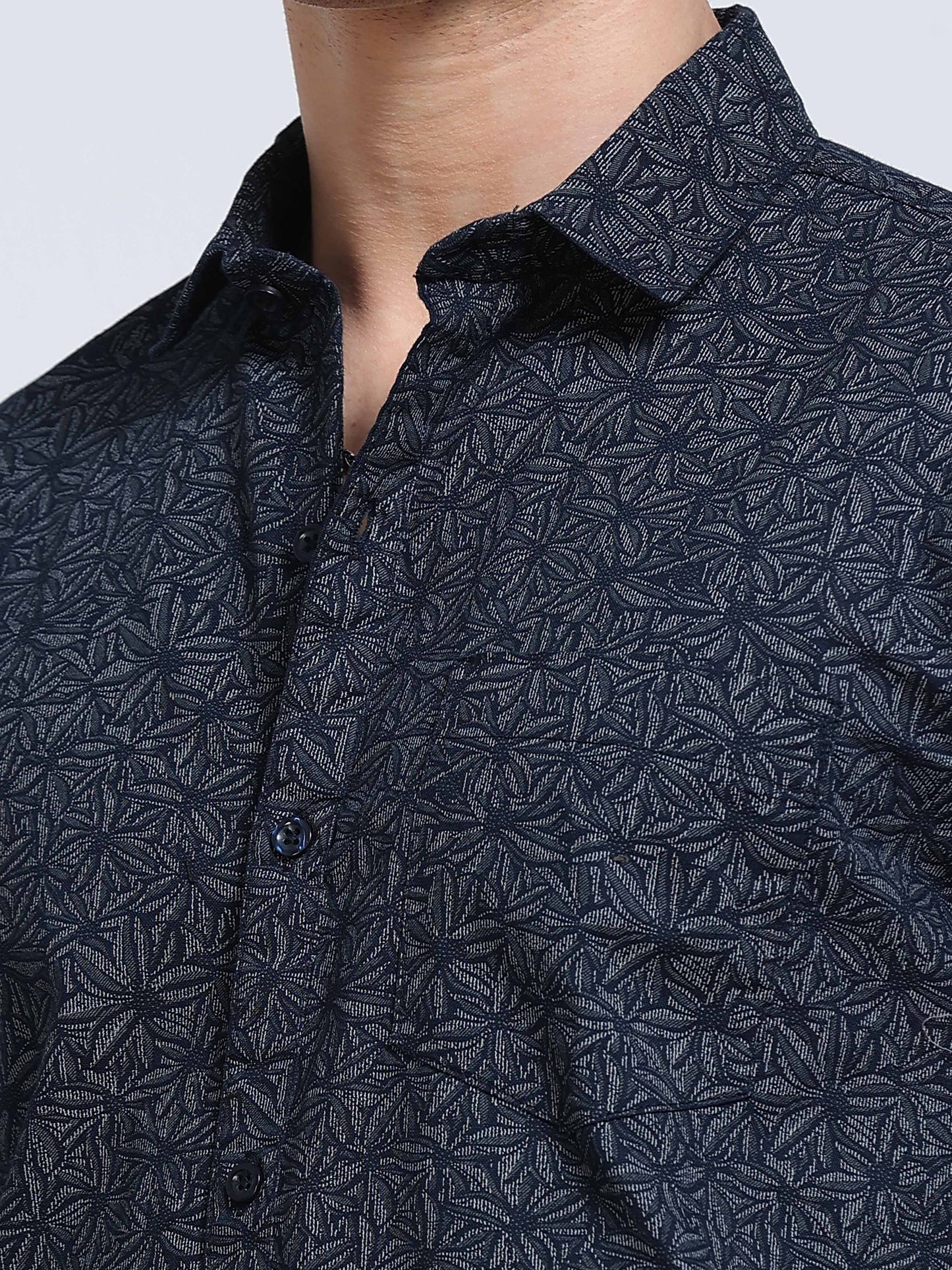 Men's Linen Navy Blue Micro Star Geometric Printed Shirt