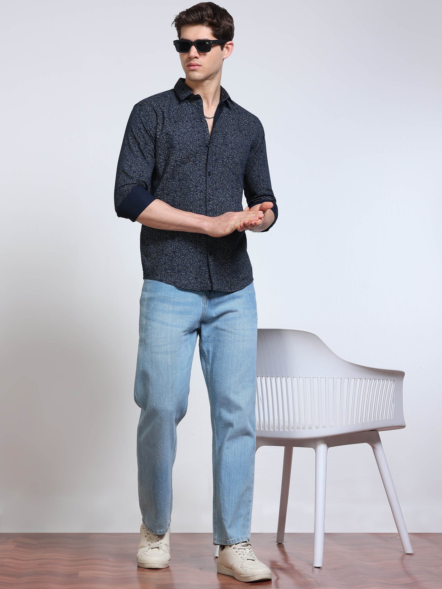 Men's Linen Navy Blue Micro Star Geometric Printed Shirt