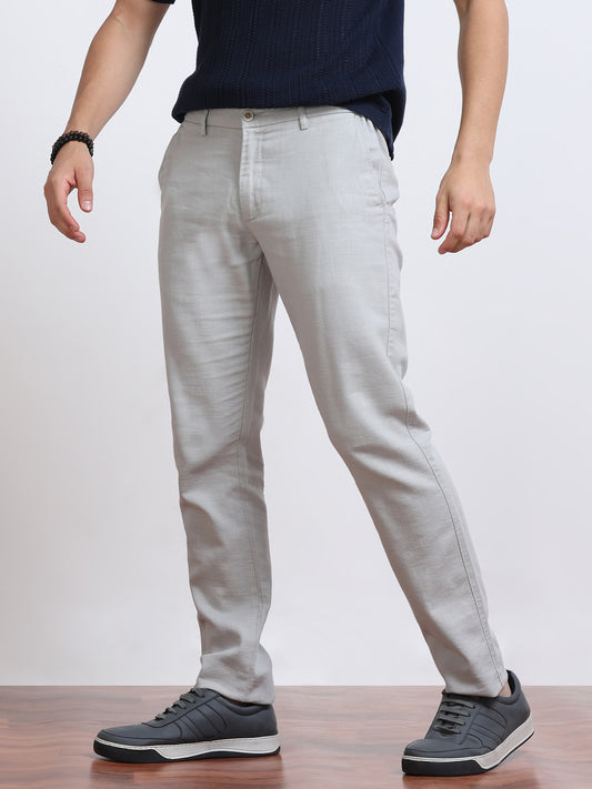 Men’s Linen Light Grey Slim-Fit Casual Trousers– Black Thread