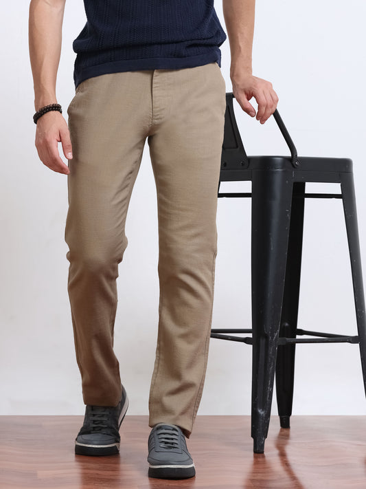 Men’s Linen Khaki Brown Slim-Fit Casual Trousers– Black Thread