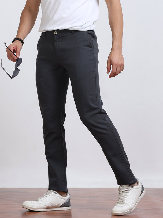 Men’s Linen Charcoal Grey  Slim-Fit Casual Trousers– Black Thread