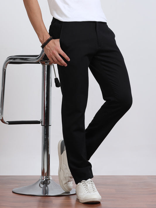 Men’s Linen Jet Black Slim-Fit Casual Trousers– Black Thread