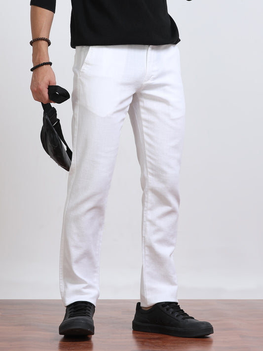 Men’s Linen Pure White Slim-Fit Casual Trousers– Black Thread