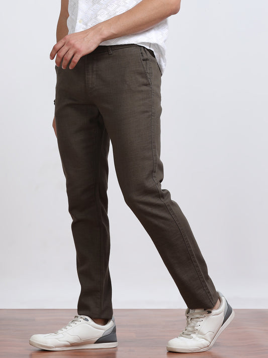 Men’s Linen Dark Brown Slim-Fit Casual Trousers– Black Thread