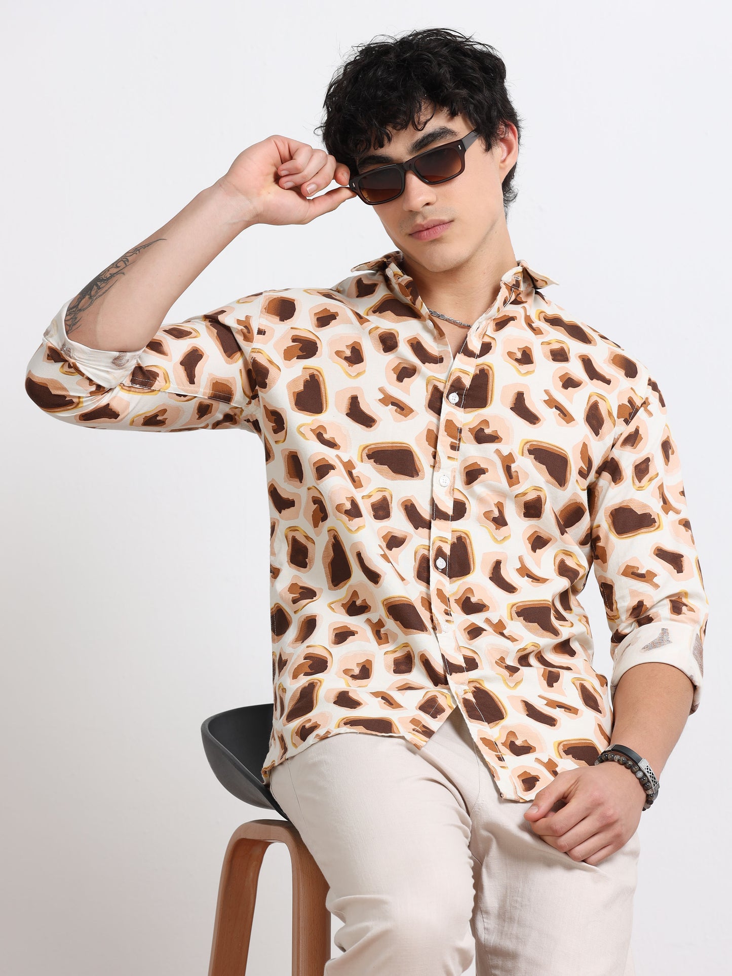 Men’s Brown & Cream Abstract Printed Cotton Shirt by Black Thread