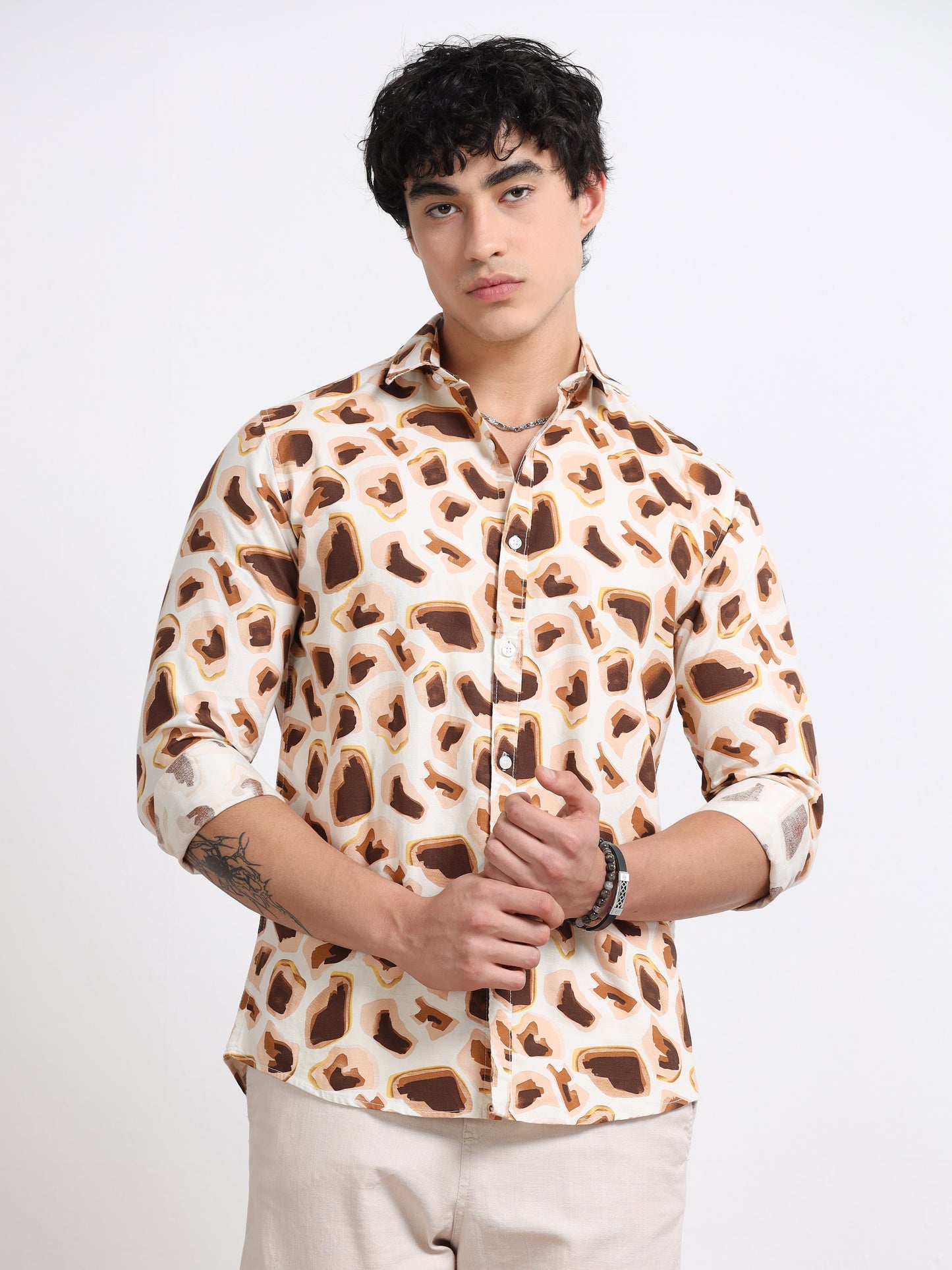 Men’s Brown & Cream Abstract Printed Cotton Shirt by Black Thread