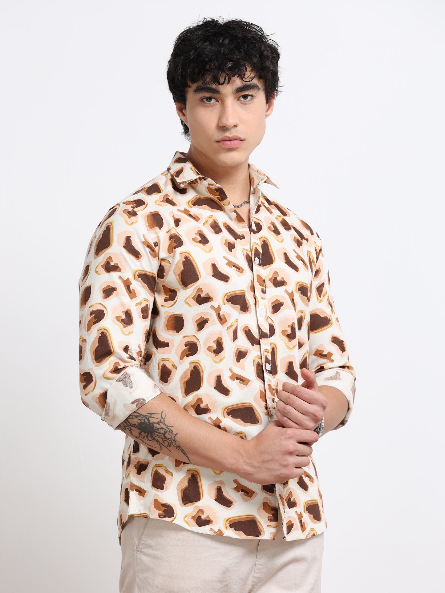 Men’s Brown & Cream Abstract Printed Cotton Shirt by Black Thread