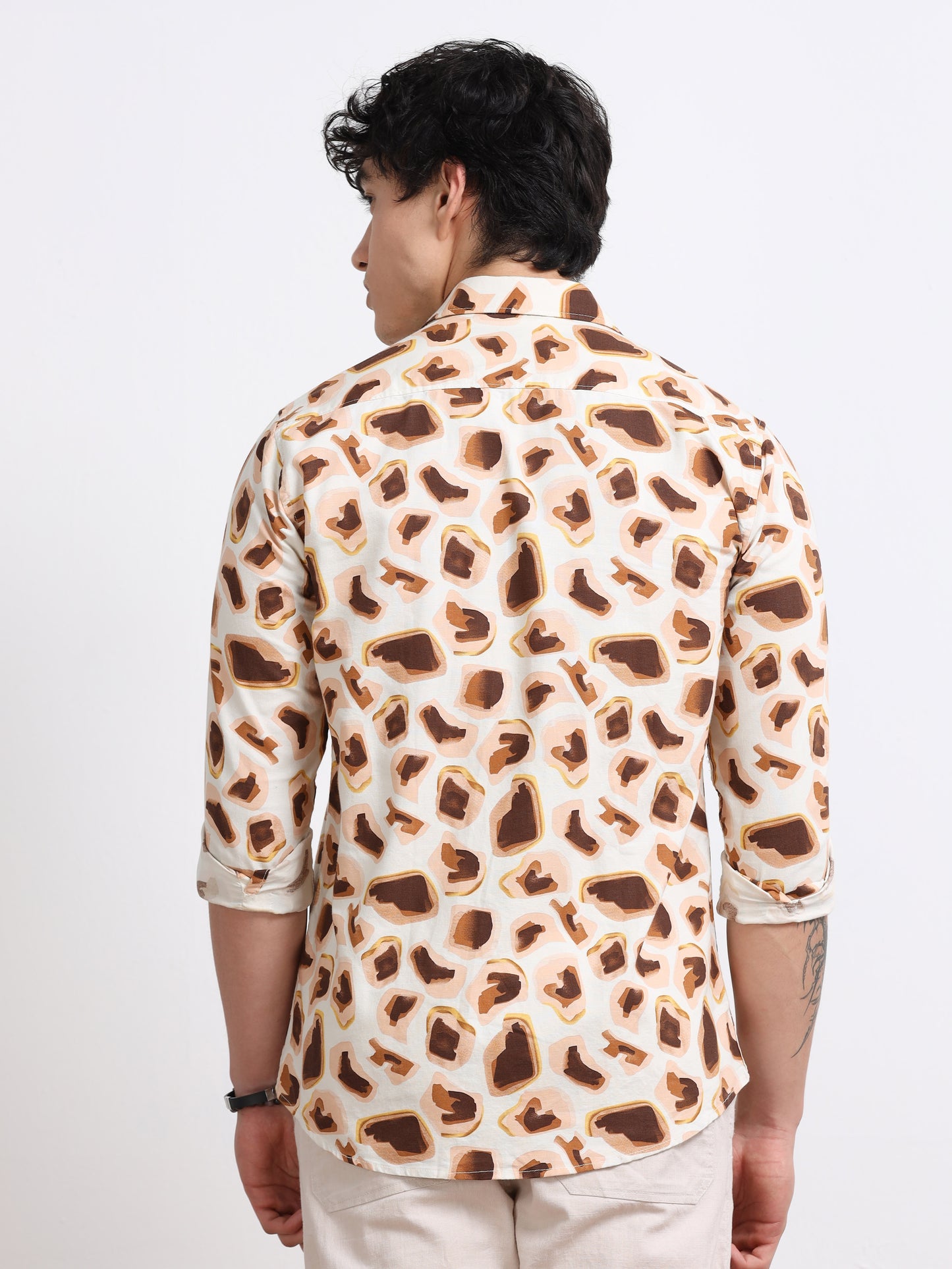 Men’s Brown & Cream Abstract Printed Cotton Shirt by Black Thread