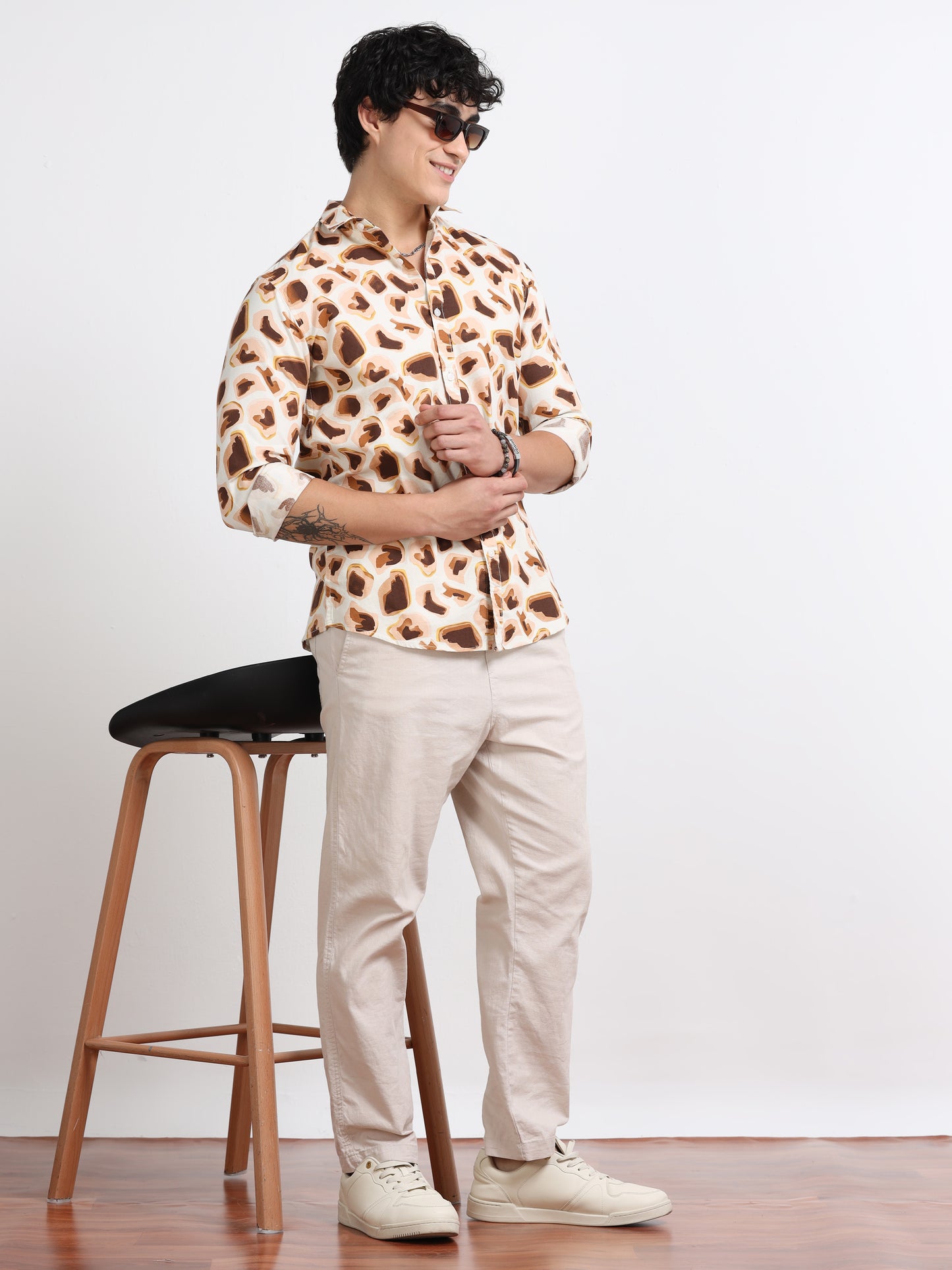 Men’s Brown & Cream Abstract Printed Cotton Shirt by Black Thread