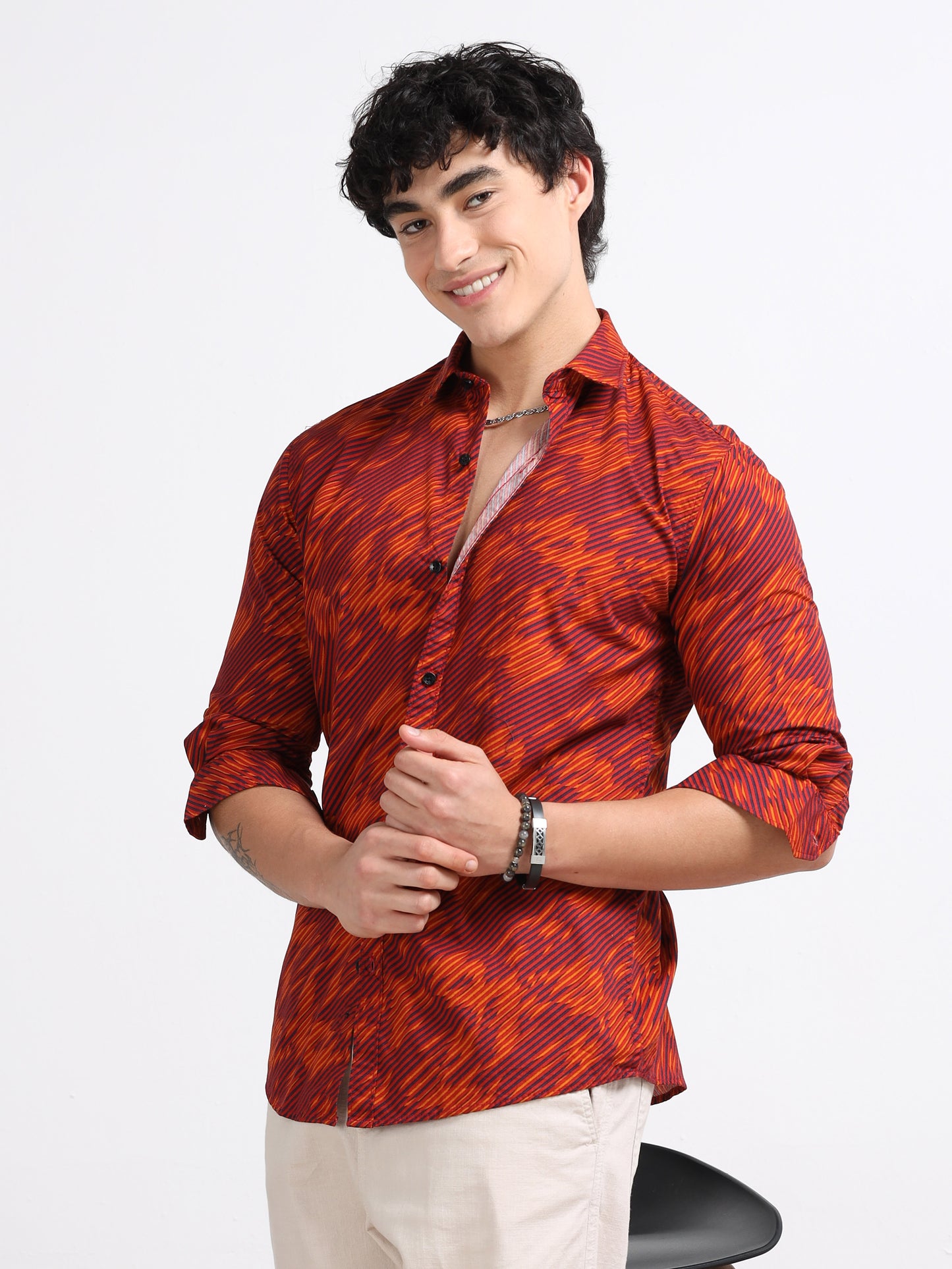 Men’s Rust Orange Abstract Printed Cotton Shirt by Black Thread