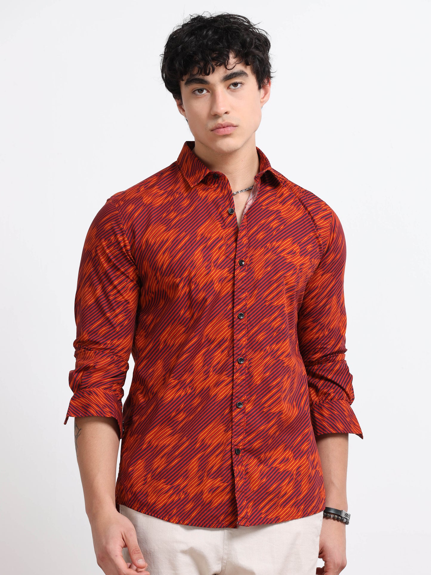Men’s Rust Orange Abstract Printed Cotton Shirt by Black Thread