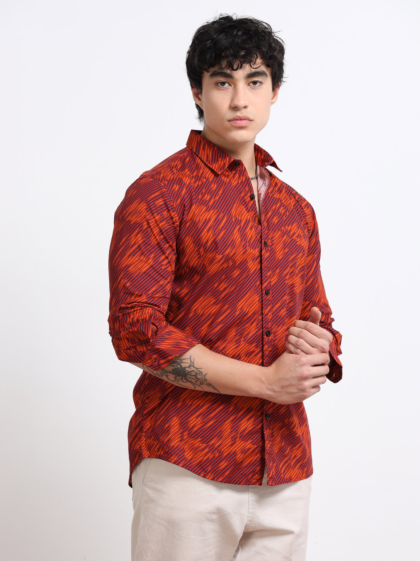 Men’s Rust Orange Abstract Printed Cotton Shirt by Black Thread