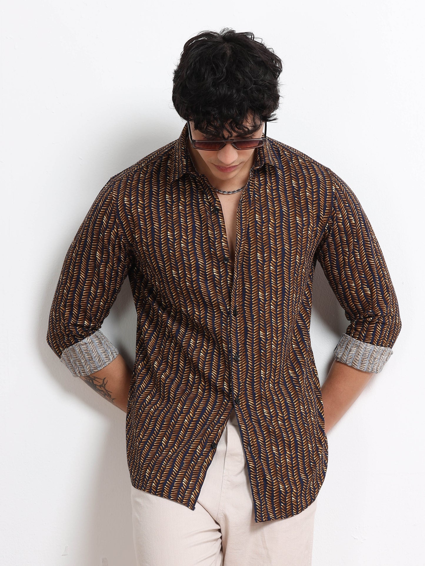 Men’s Black & Mustard Geometric Printed Cotton Shirt by Black Thread
