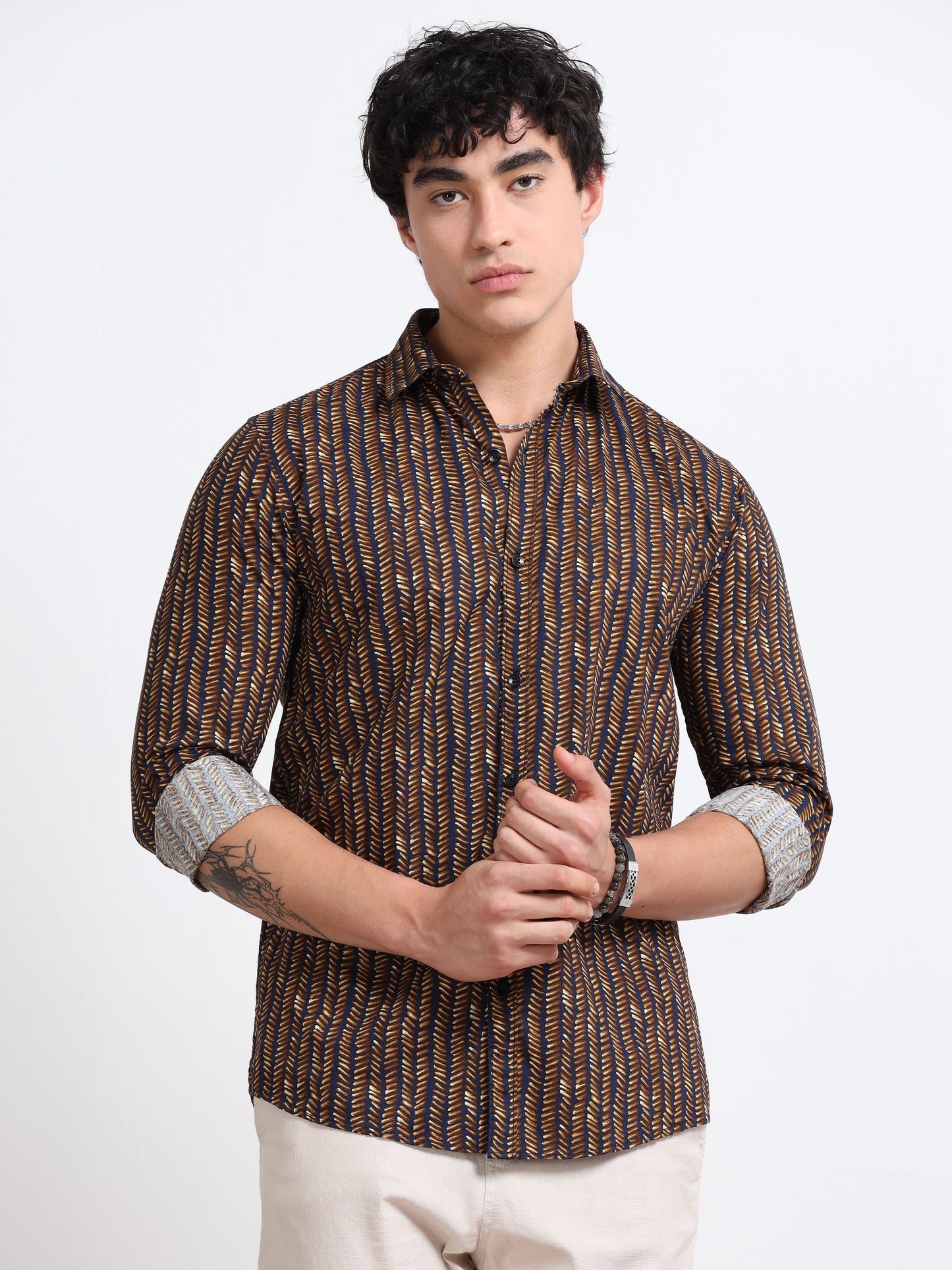 Men’s Black & Mustard Geometric Printed Cotton Shirt by Black Thread