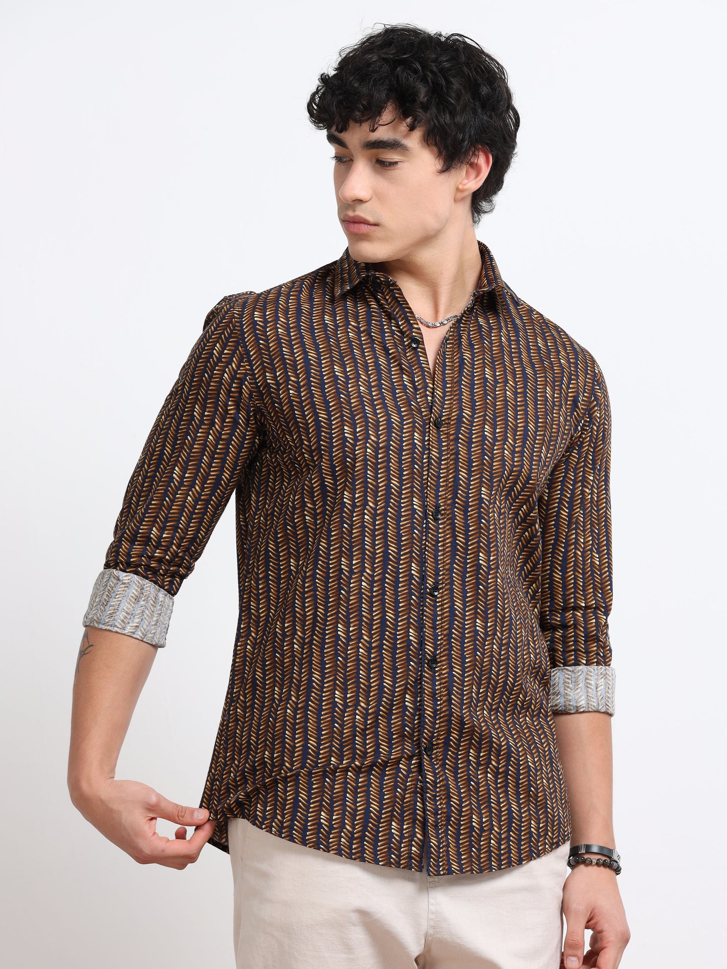 Men’s Black & Mustard Geometric Printed Cotton Shirt by Black Thread