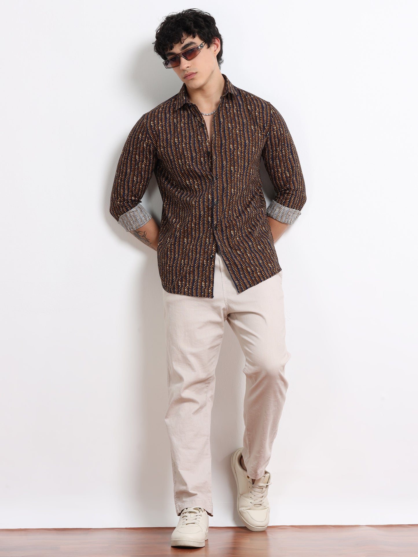 Men’s Black & Mustard Geometric Printed Cotton Shirt by Black Thread