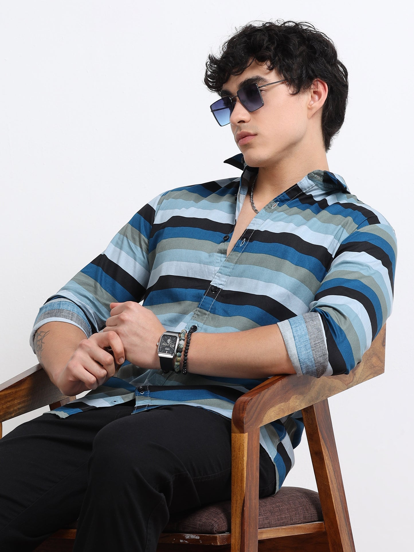 Men’s Blue Multi-Stripe Cotton Shirt by Black Thread