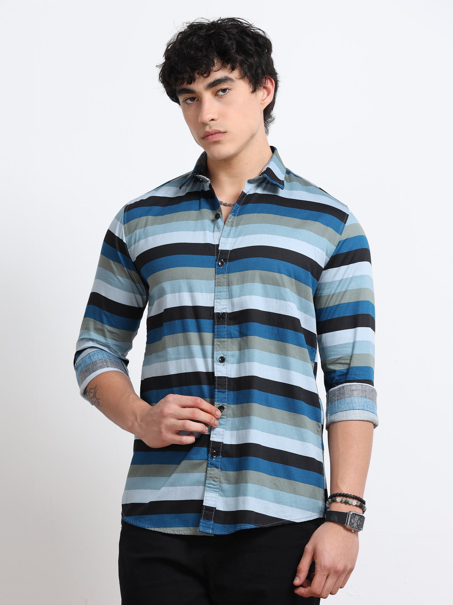 Men’s Blue Multi-Stripe Cotton Shirt by Black Thread