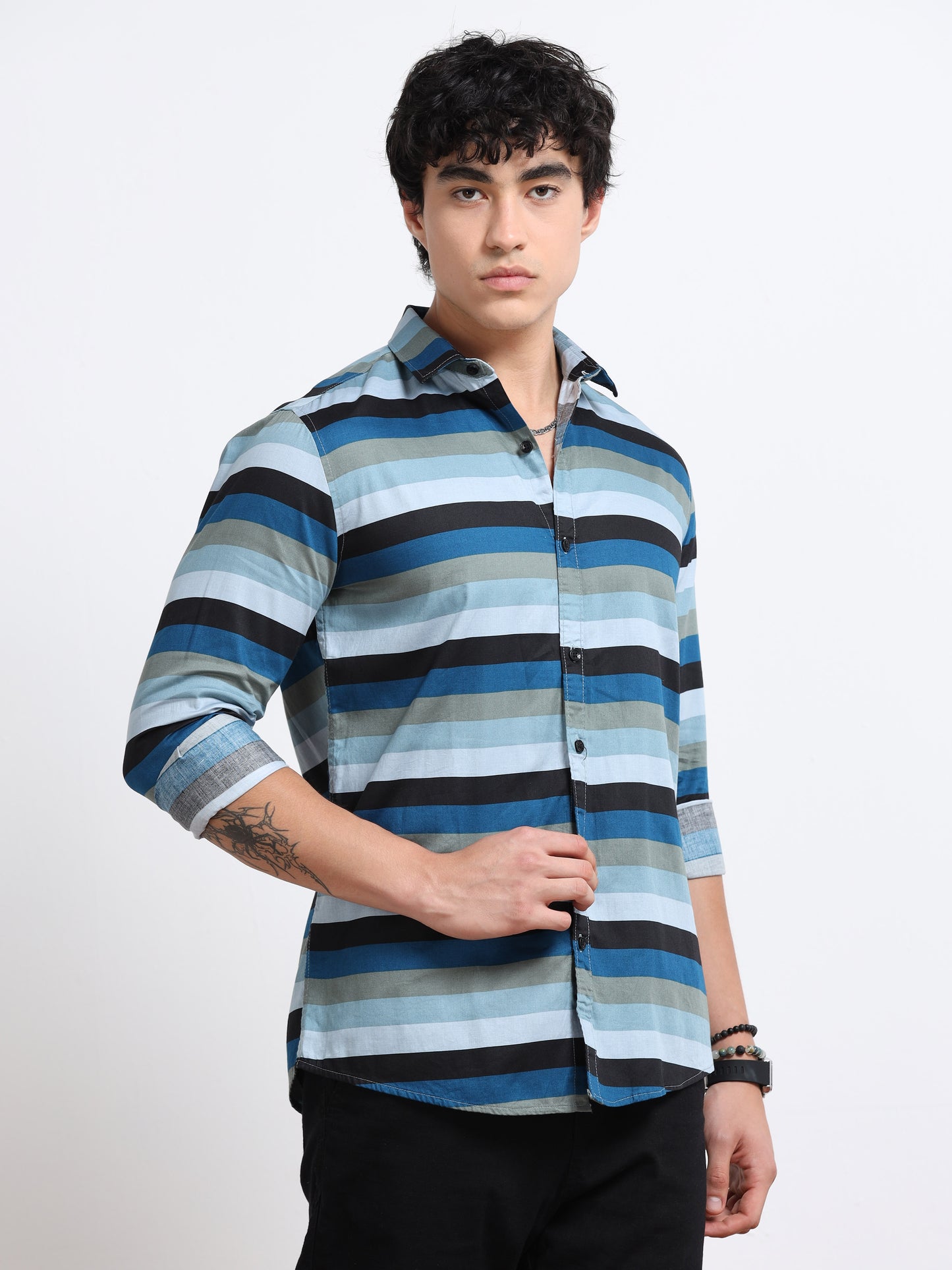 Men’s Blue Multi-Stripe Cotton Shirt by Black Thread
