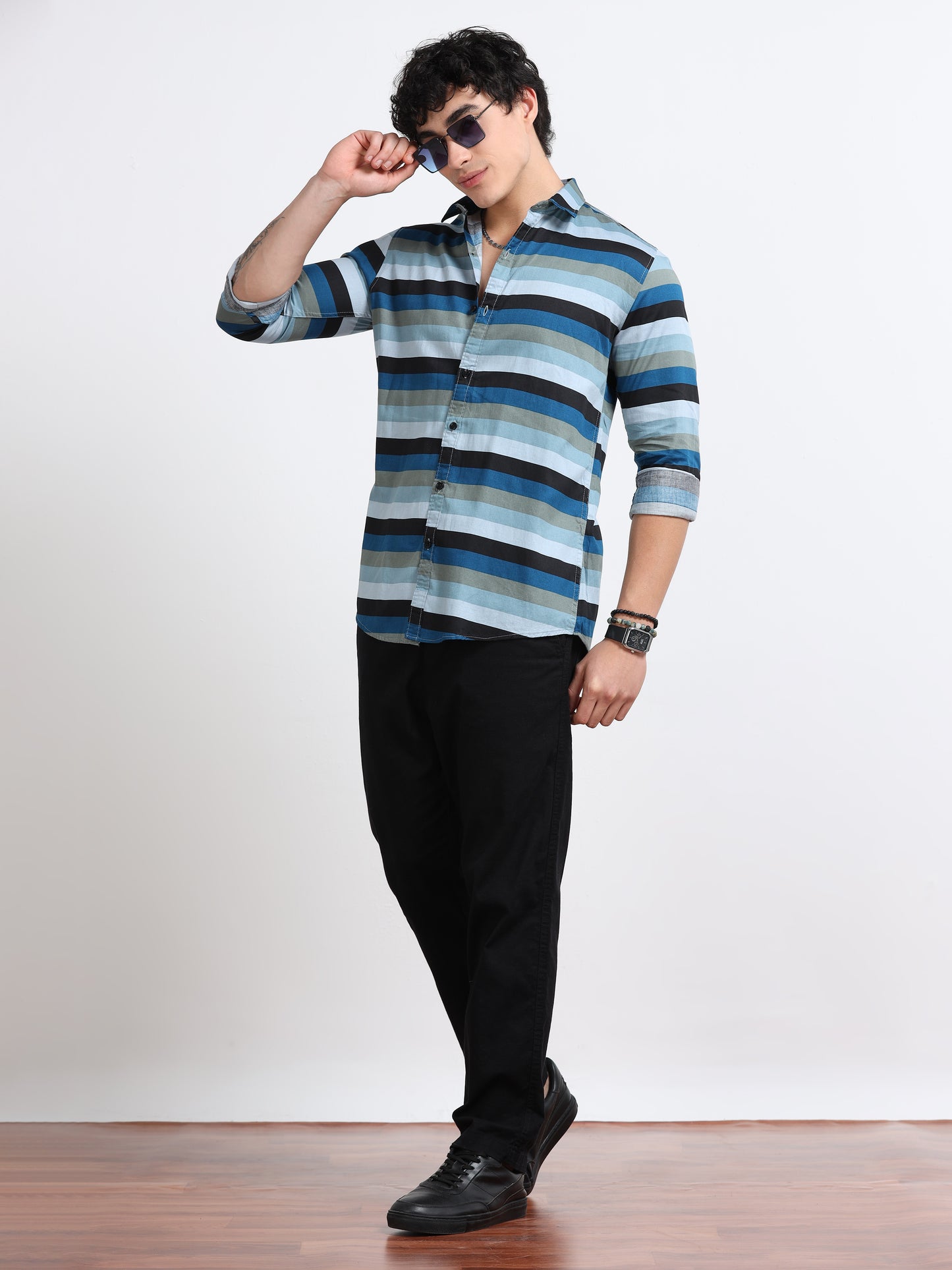 Men’s Blue Multi-Stripe Cotton Shirt by Black Thread