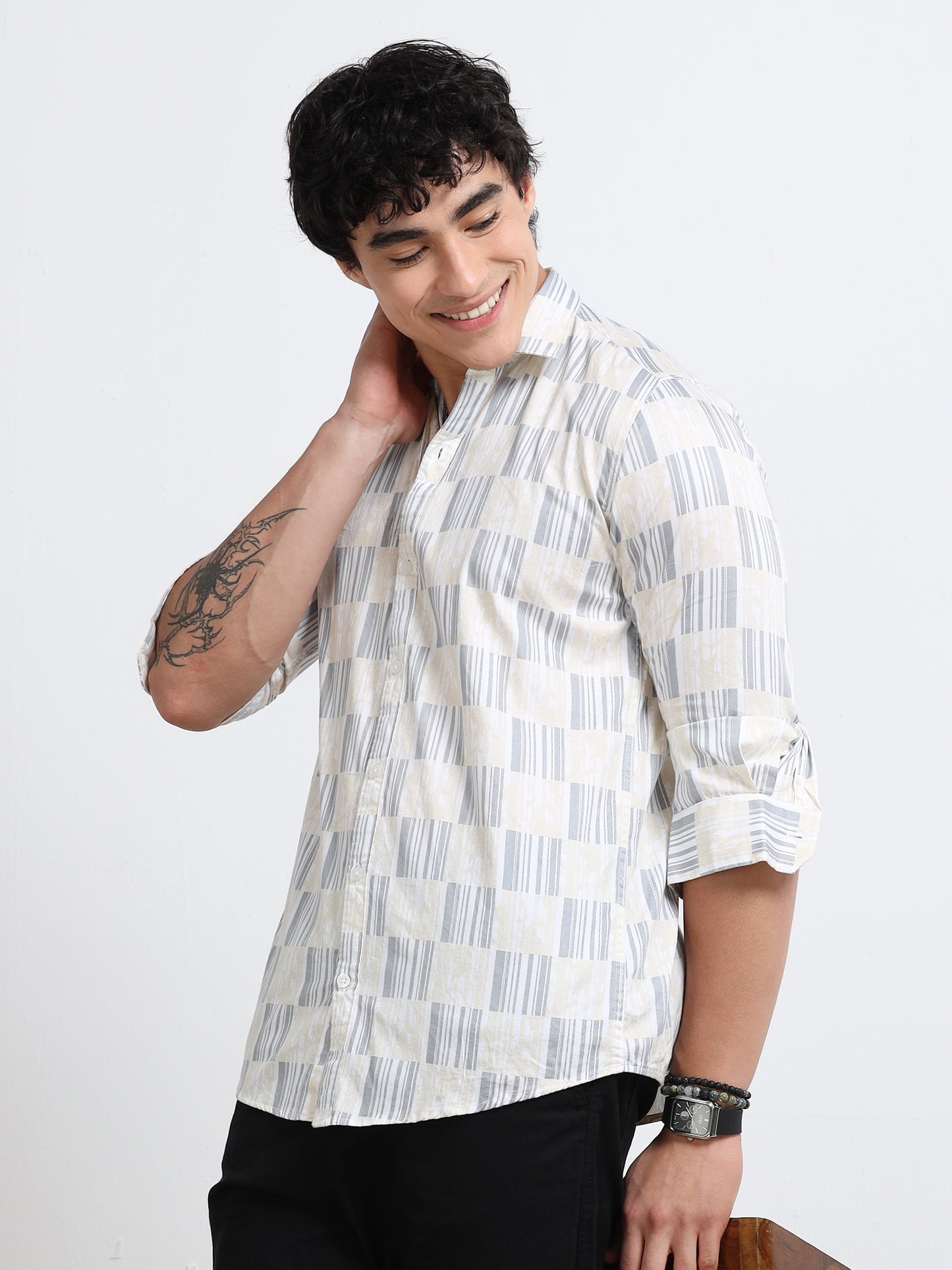 Men’s White & Grey Block Printed Cotton Shirt by Black Thread