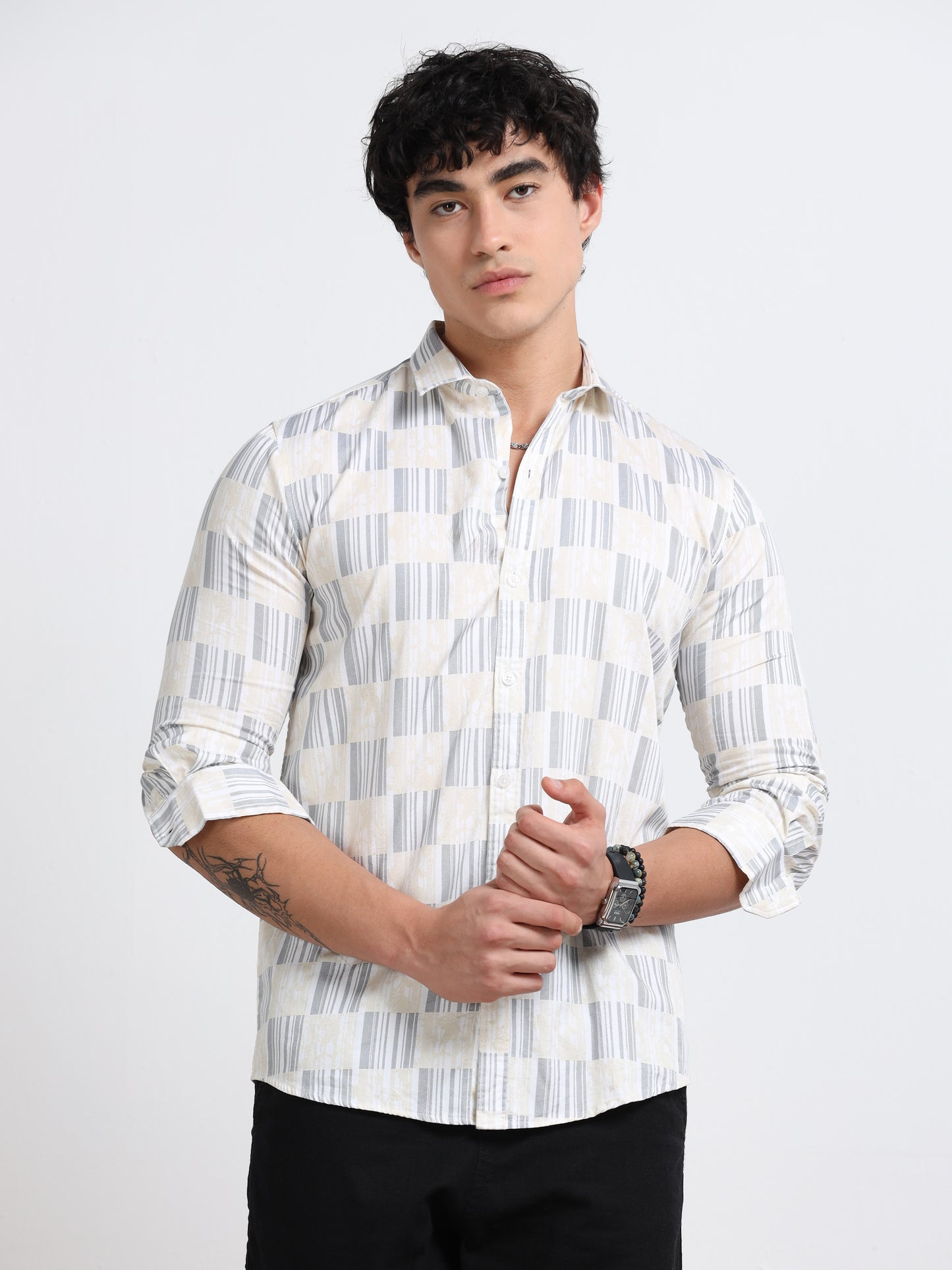 Men’s White & Grey Block Printed Cotton Shirt by Black Thread
