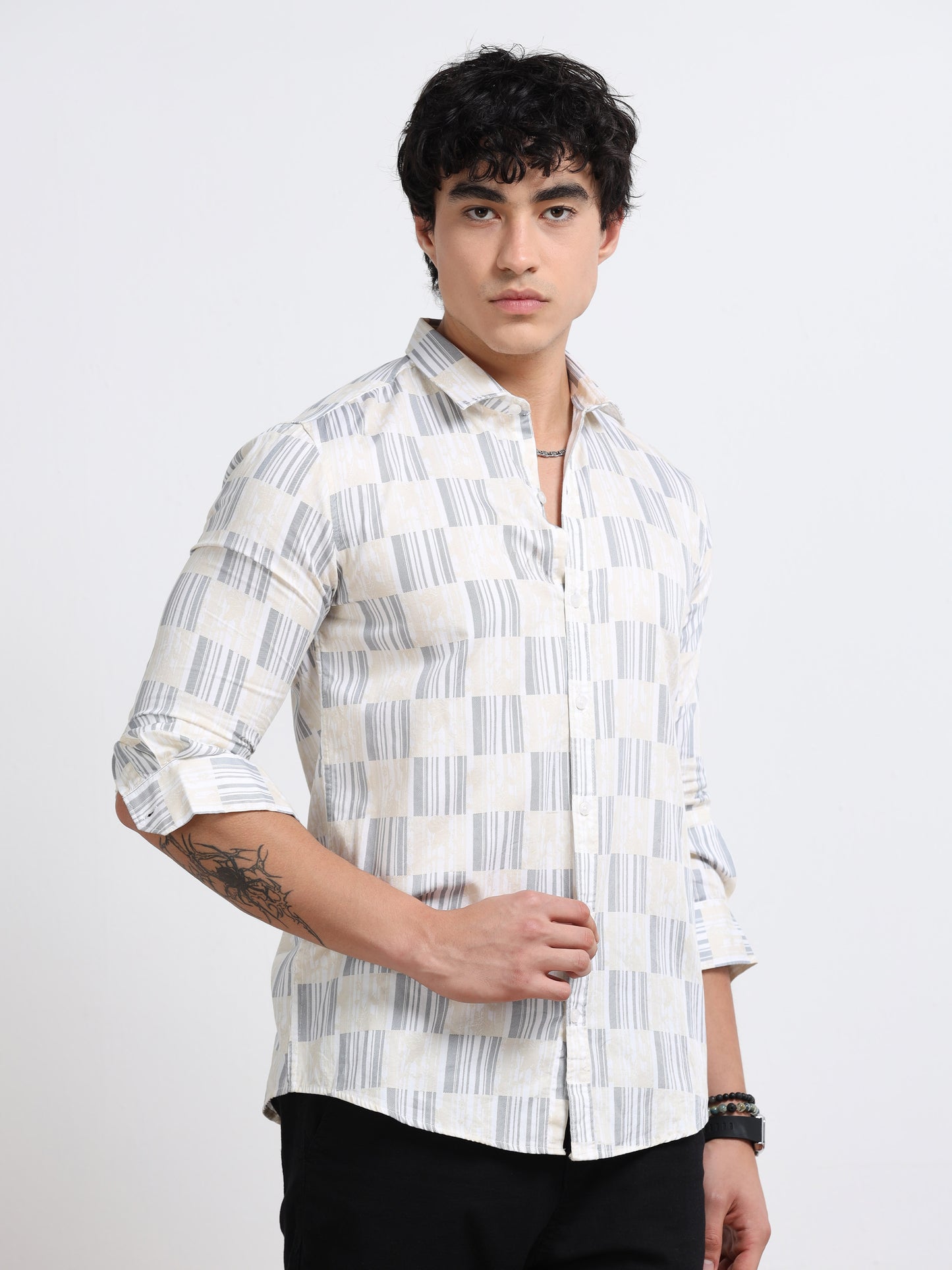 Men’s White & Grey Block Printed Cotton Shirt by Black Thread