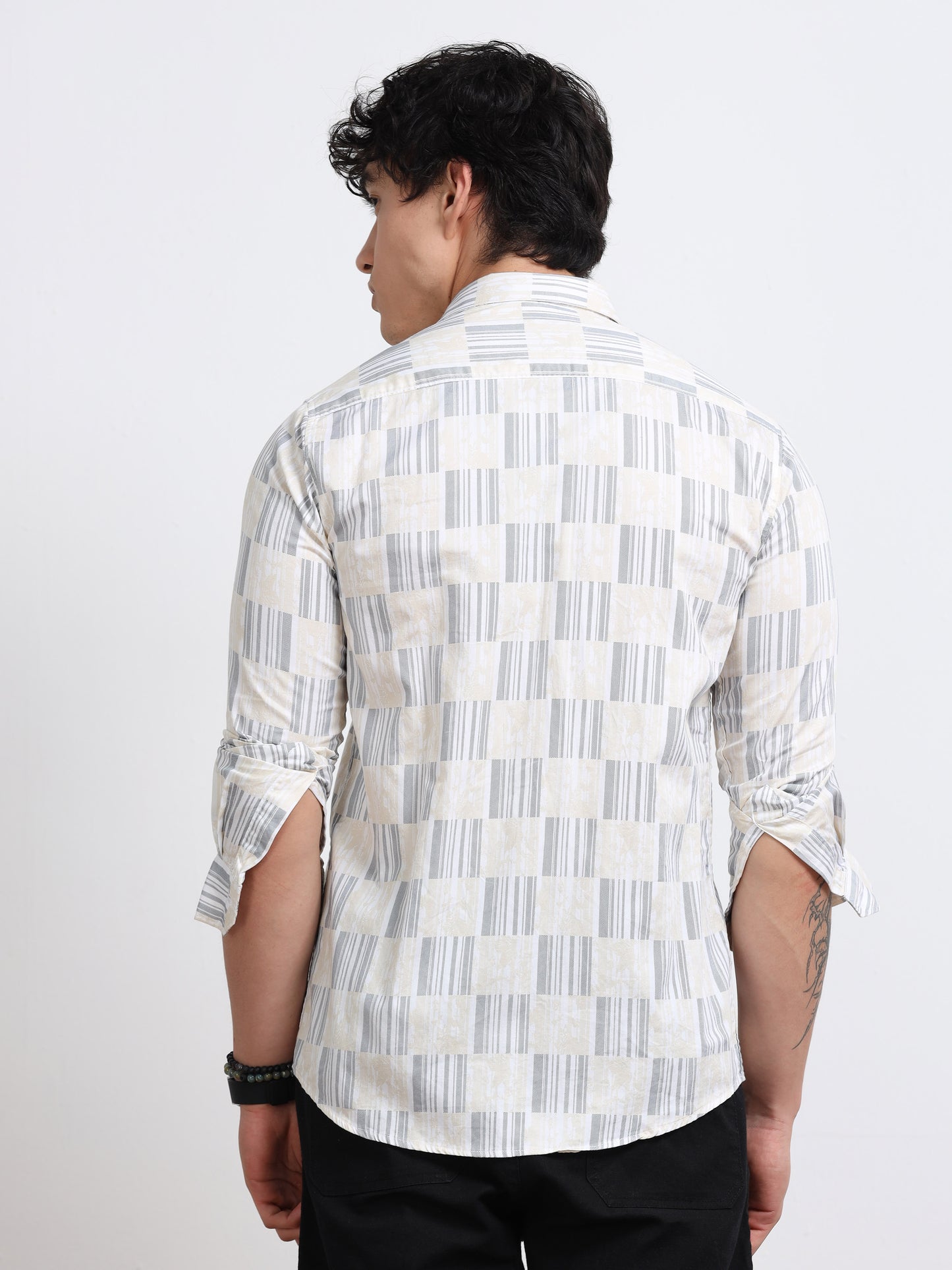 Men’s White & Grey Block Printed Cotton Shirt by Black Thread