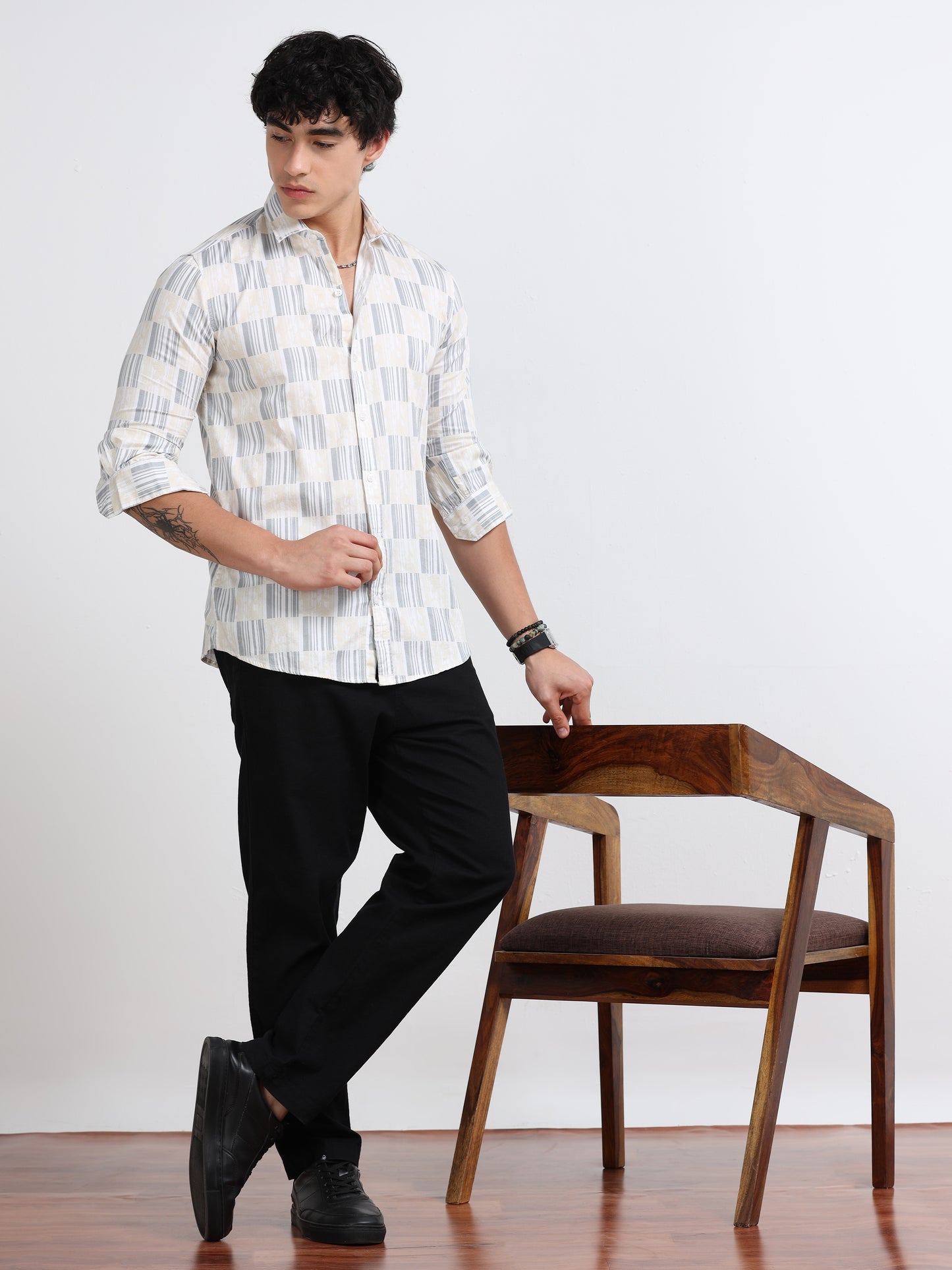 Men’s White & Grey Block Printed Cotton Shirt by Black Thread