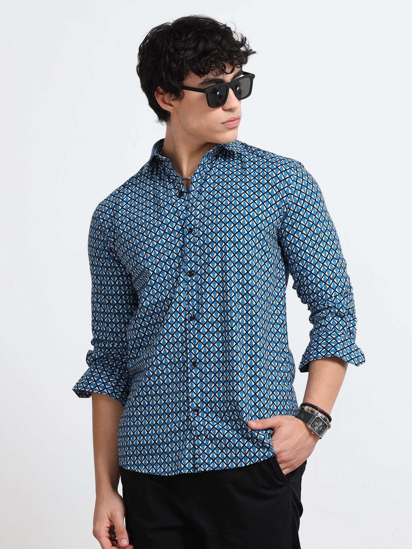 Men’s Blue Geometric Printed Cotton Shirt by Black Thread