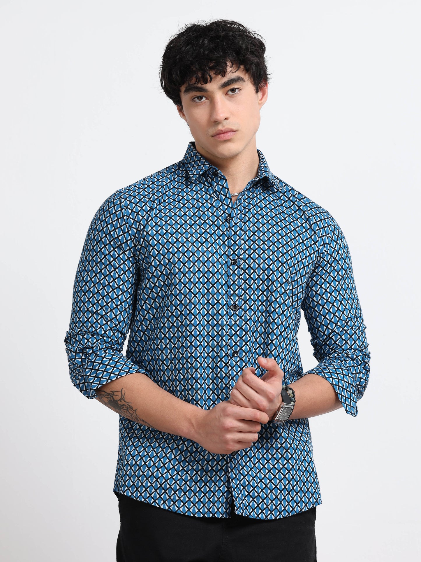 Men’s Blue Geometric Printed Cotton Shirt by Black Thread