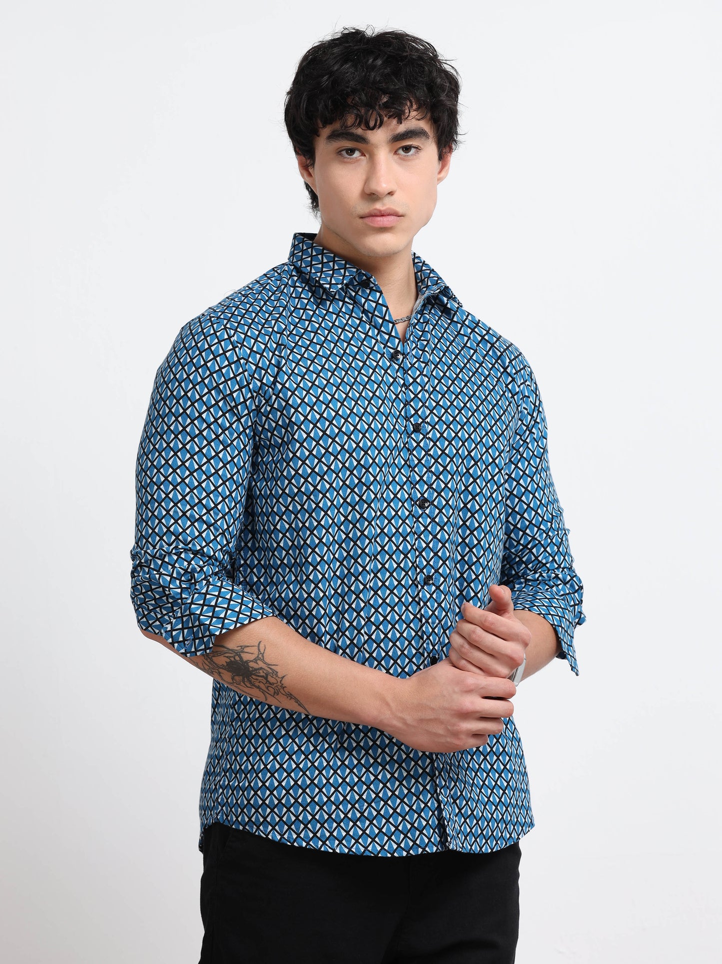 Men’s Blue Geometric Printed Cotton Shirt by Black Thread