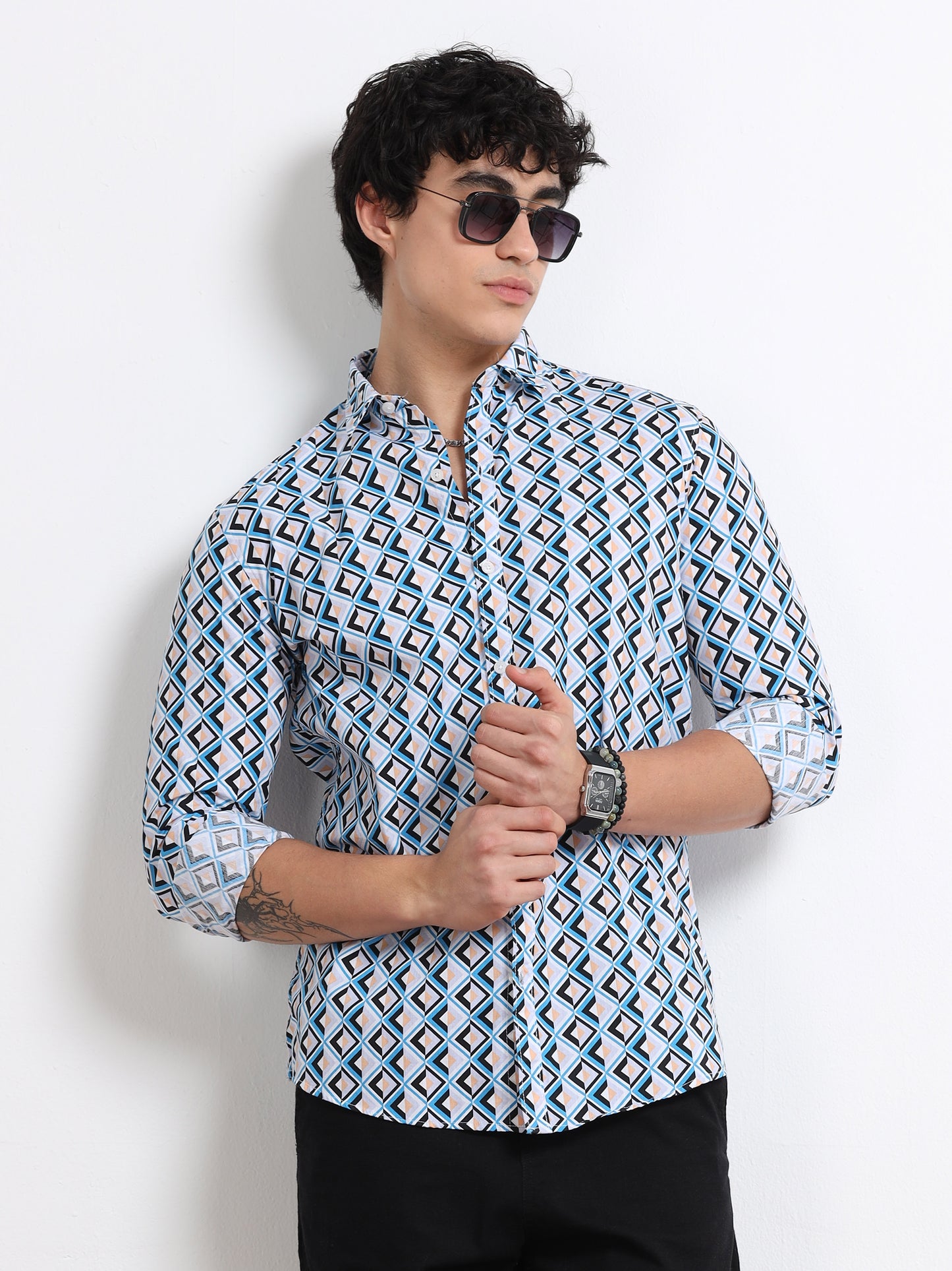 Men’s White & Blue Diamond Printed Cotton Shirt by Black Thread