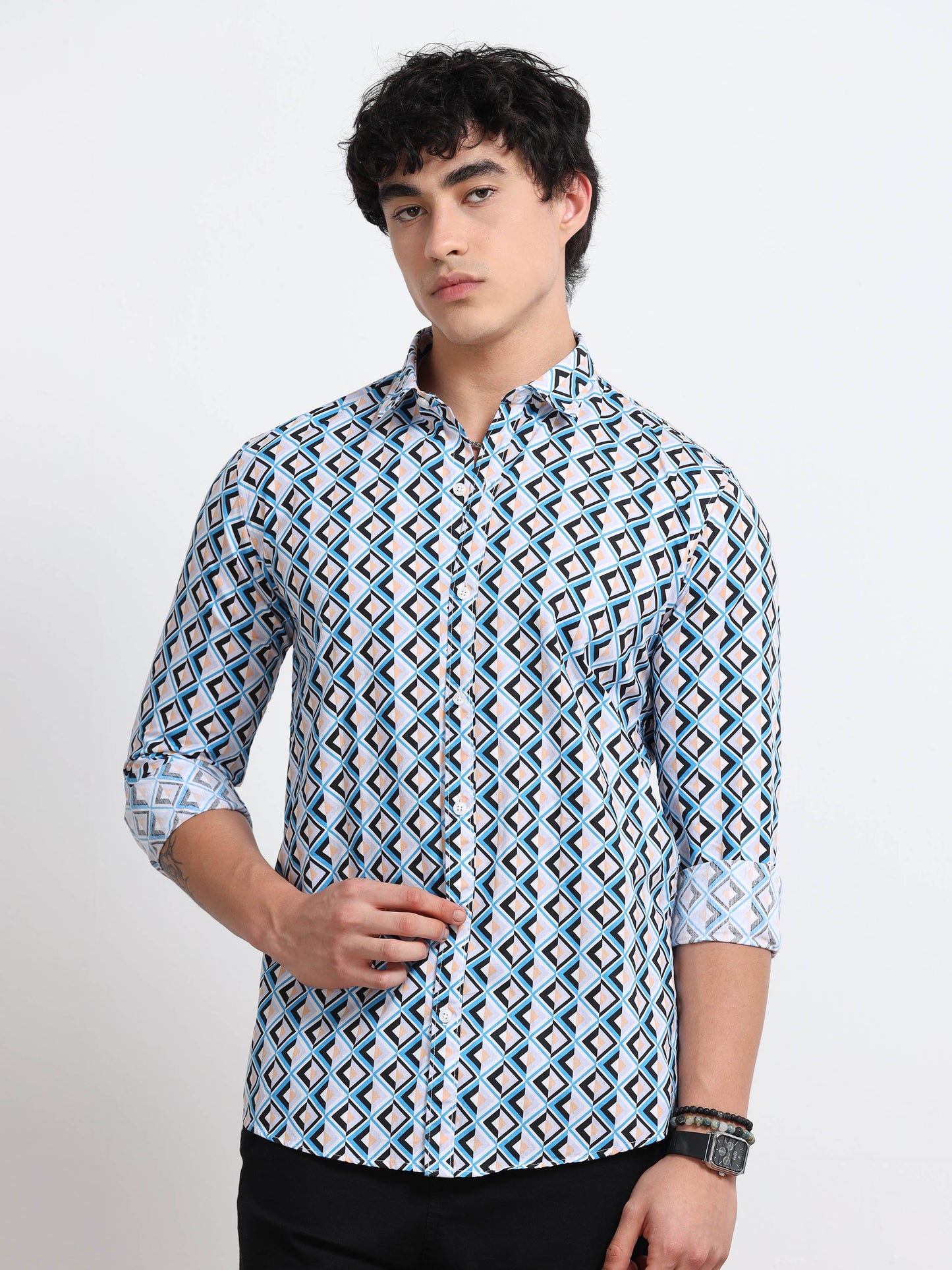 Men’s White & Blue Diamond Printed Cotton Shirt by Black Thread
