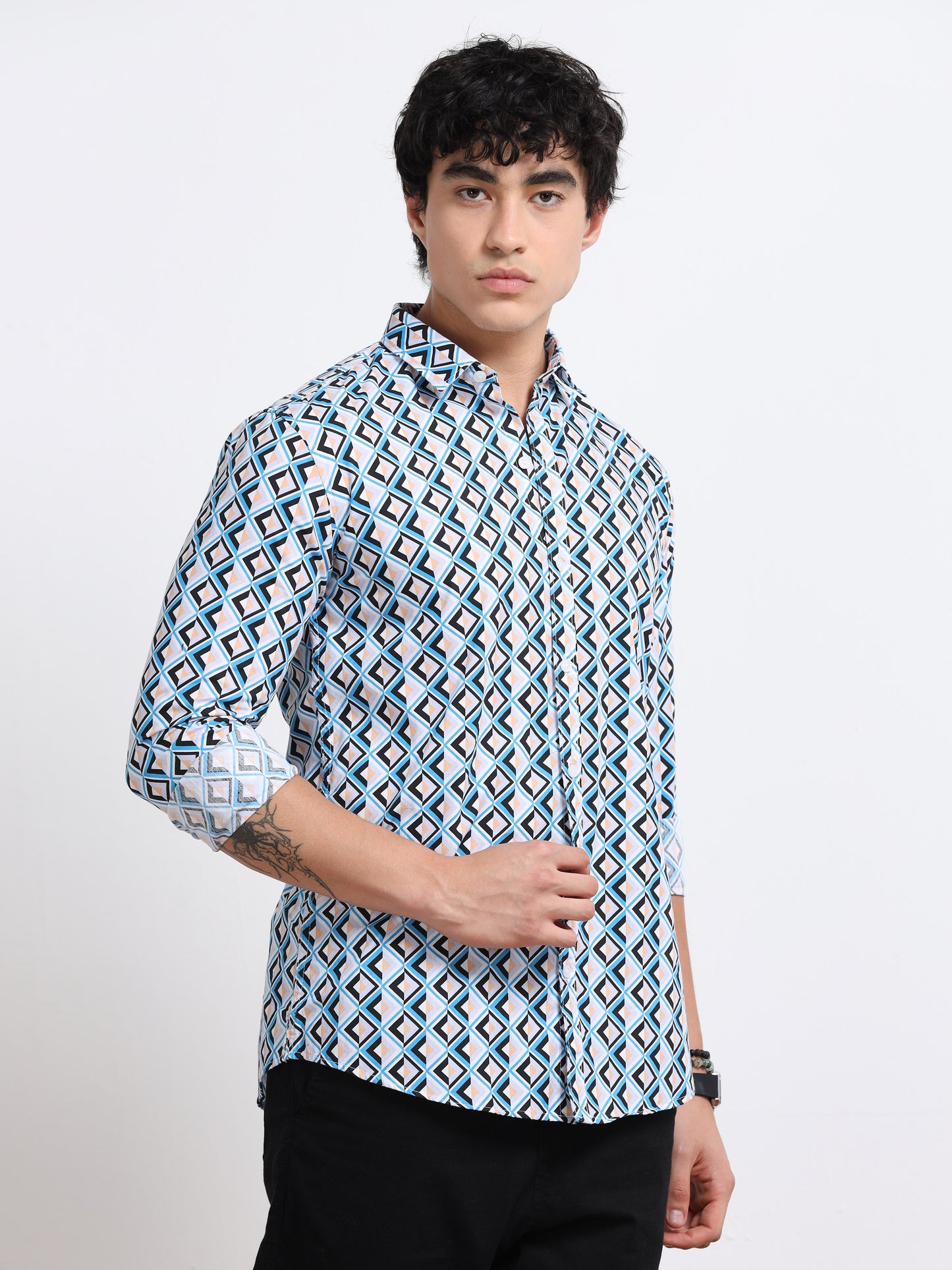 Men’s White & Blue Diamond Printed Cotton Shirt by Black Thread