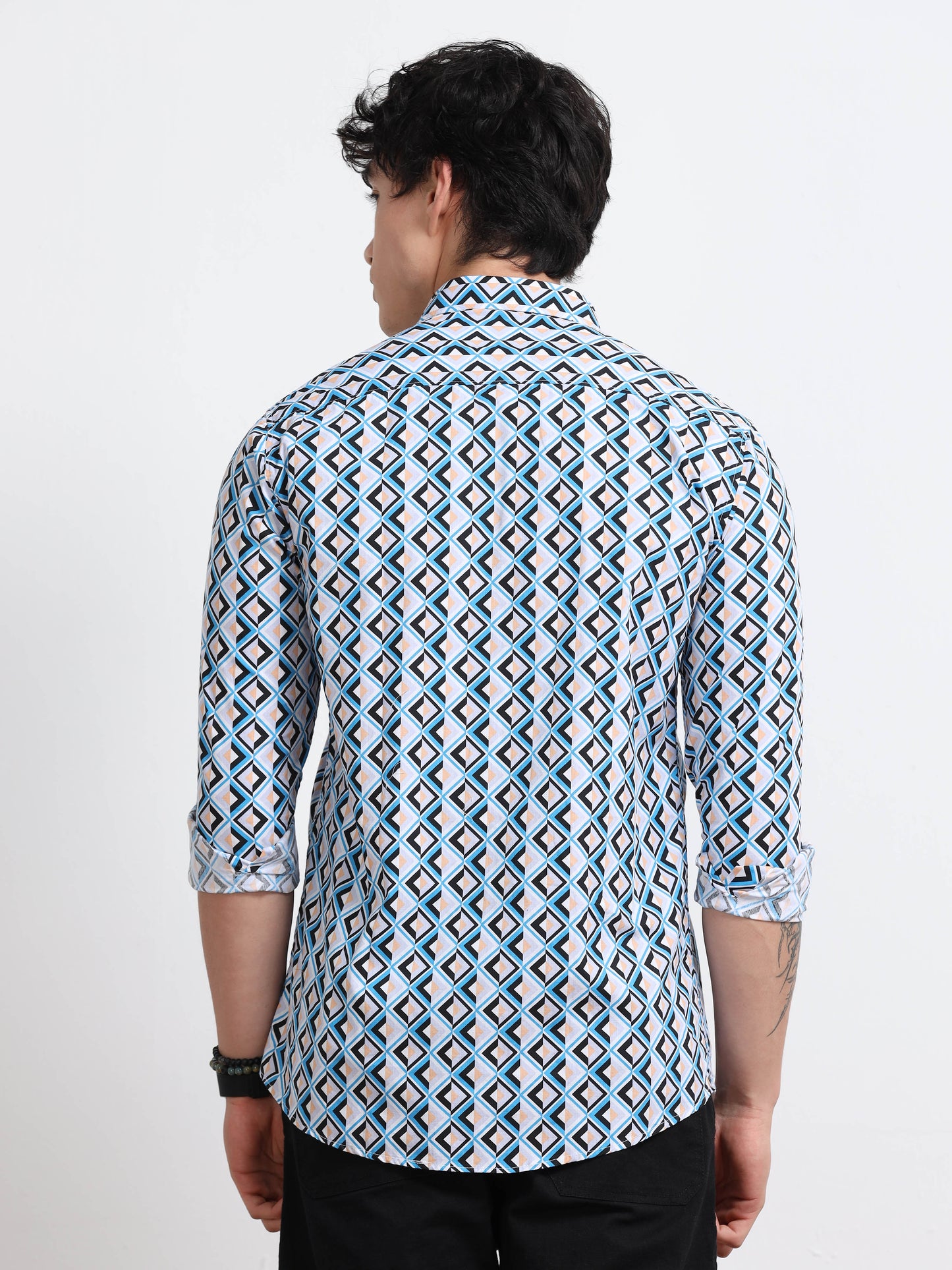 Men’s White & Blue Diamond Printed Cotton Shirt by Black Thread