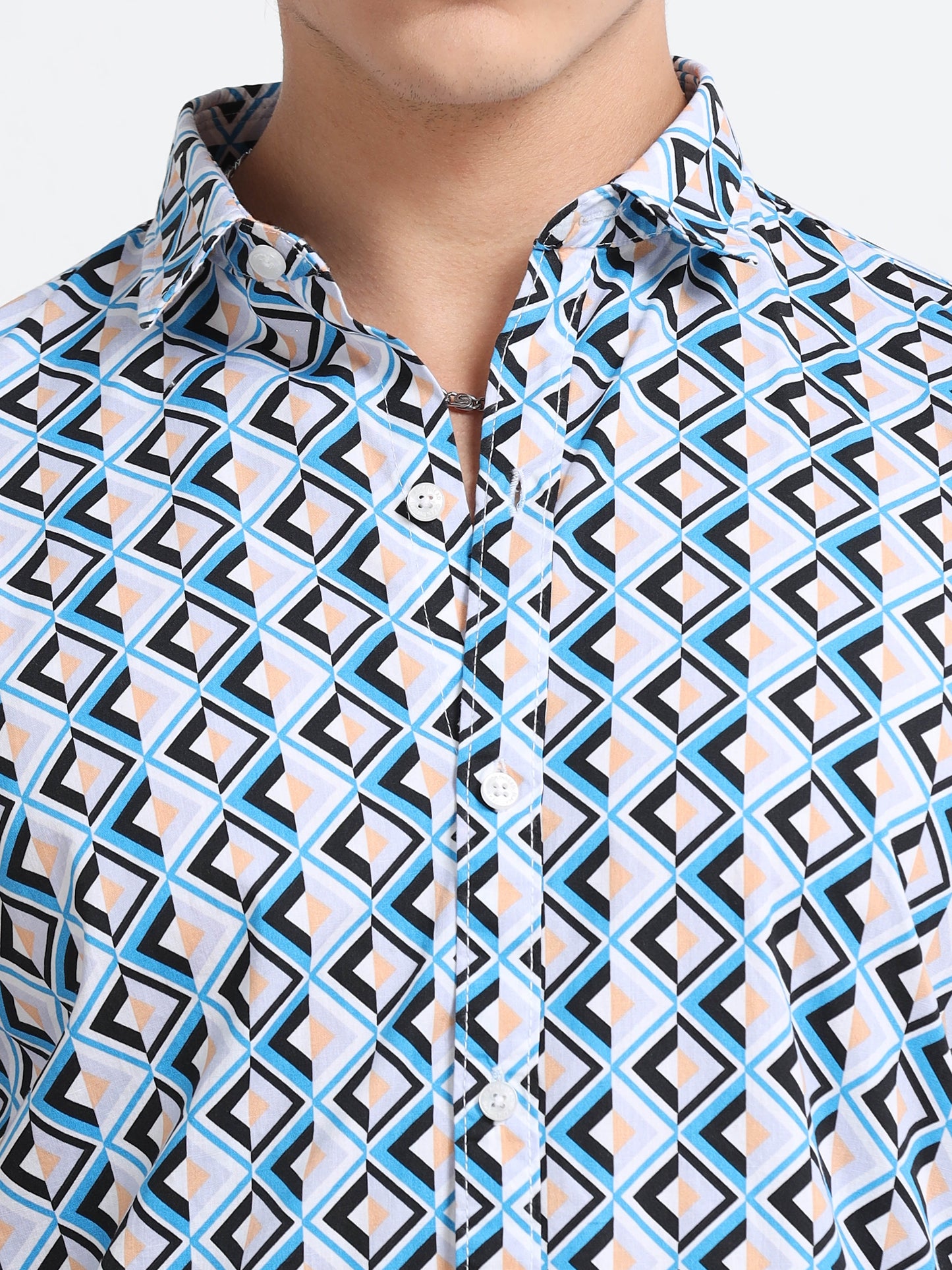 Men’s White & Blue Diamond Printed Cotton Shirt by Black Thread