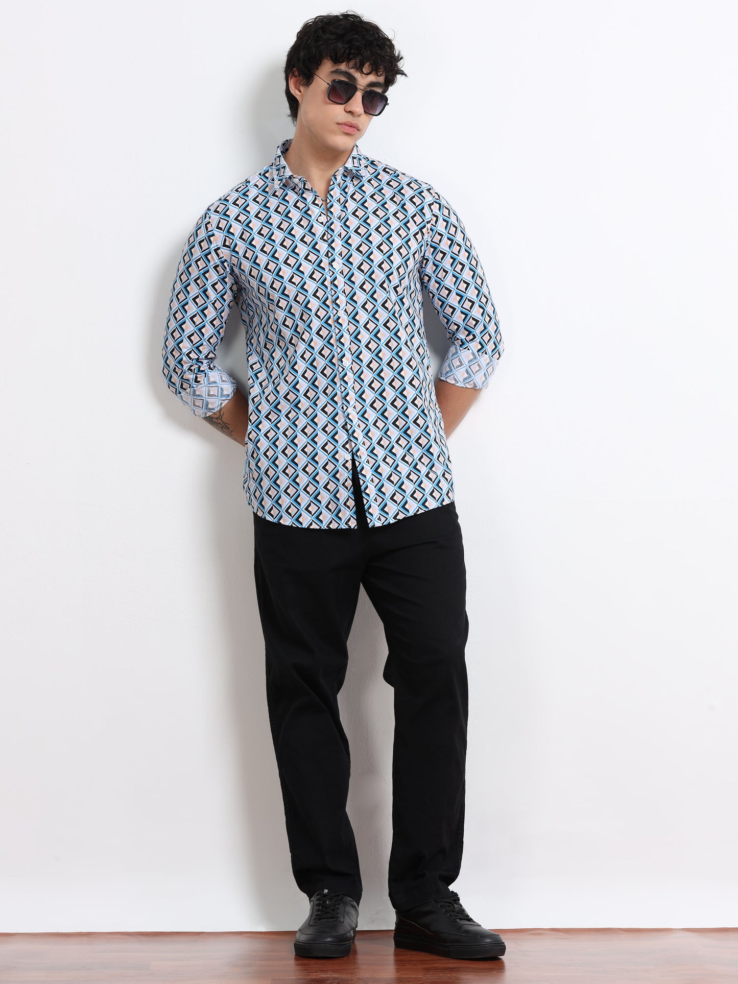 Men’s White & Blue Diamond Printed Cotton Shirt by Black Thread