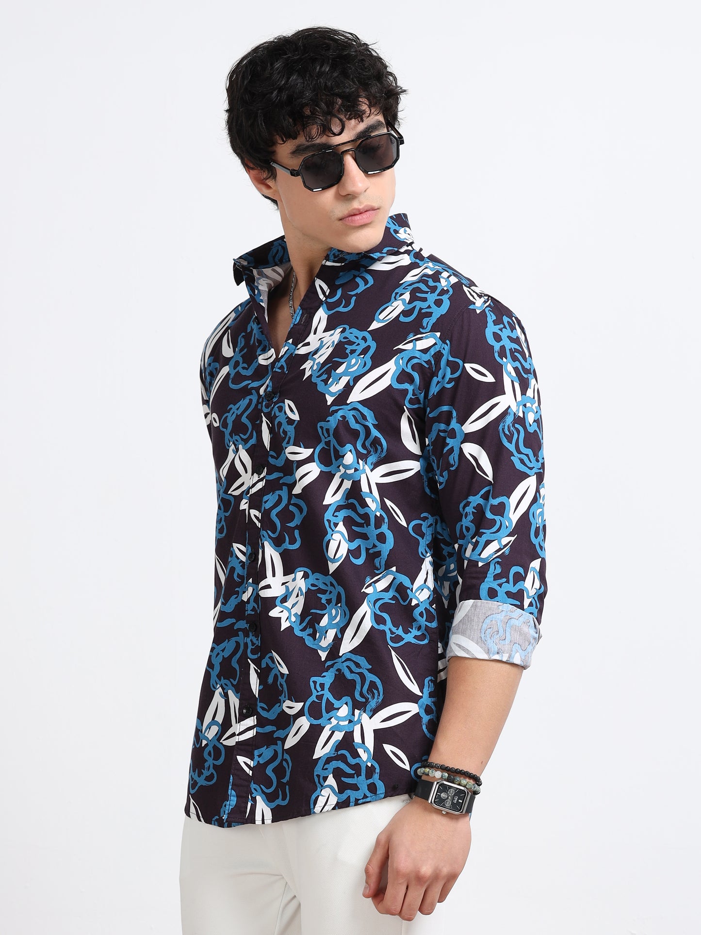 Men’s Navy & Sky Blue Tropical Leaf Printed Cotton Shirt by Black Thread