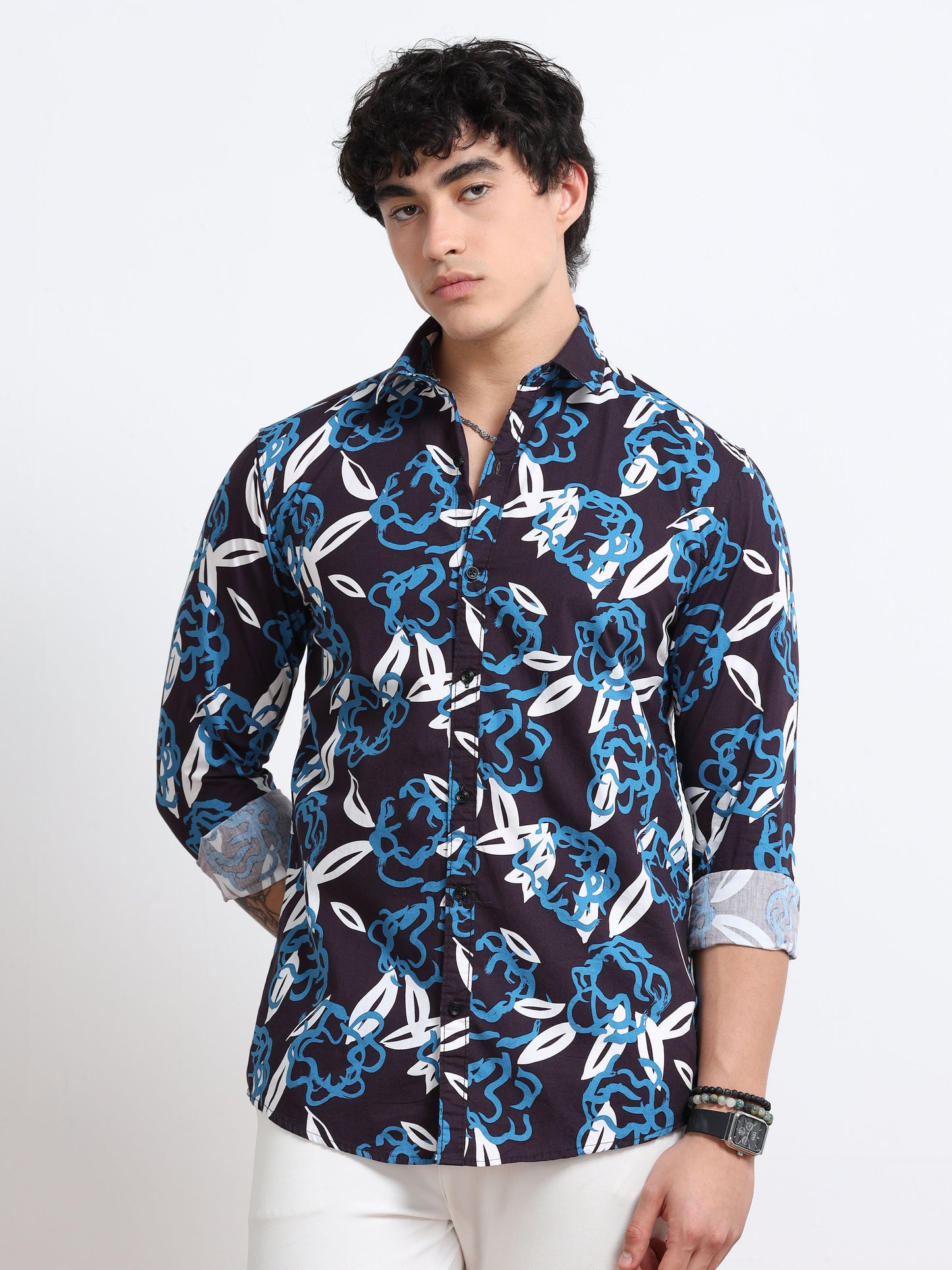Men’s Navy & Sky Blue Tropical Leaf Printed Cotton Shirt by Black Thread