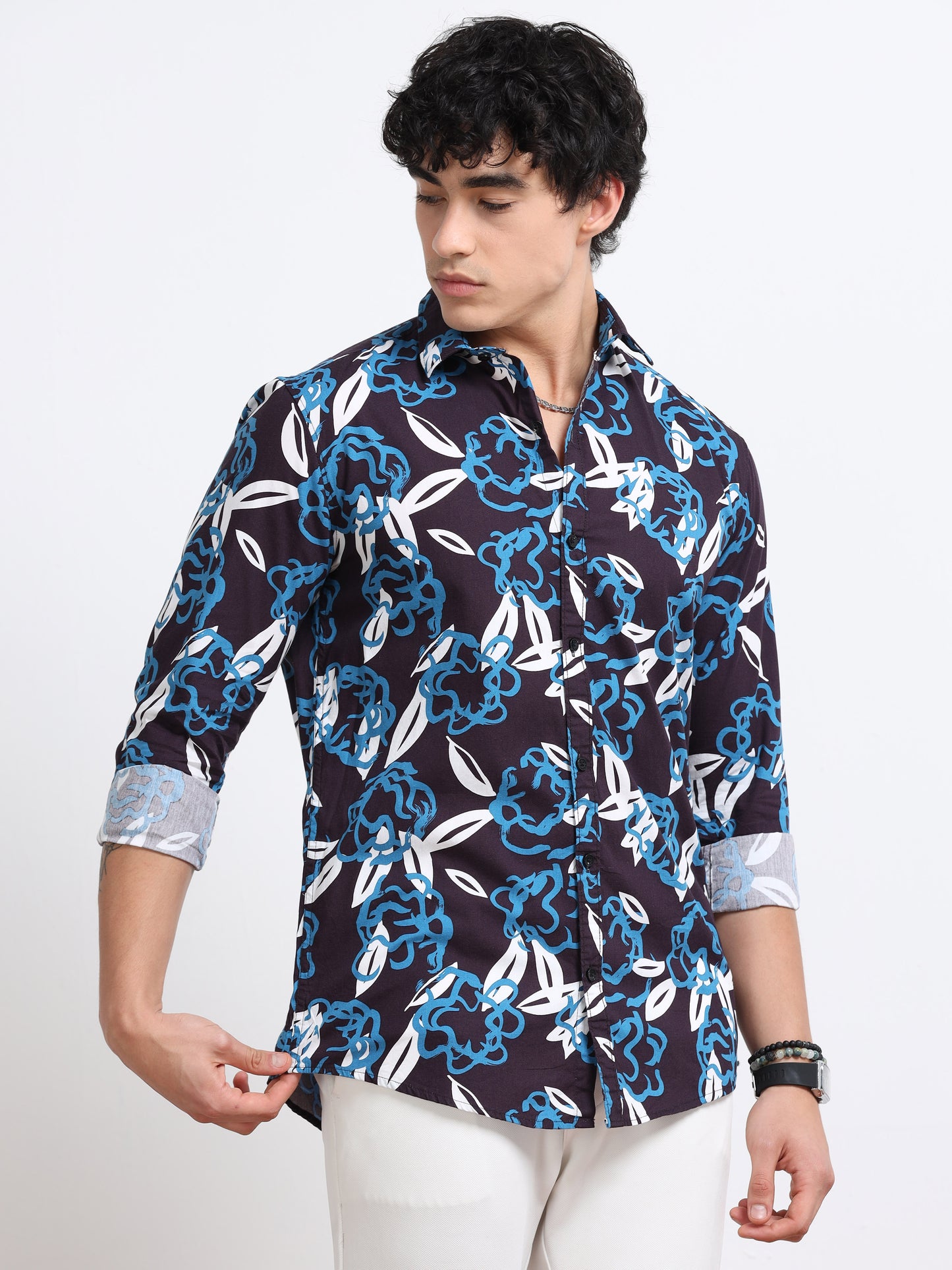 Men’s Navy & Sky Blue Tropical Leaf Printed Cotton Shirt by Black Thread