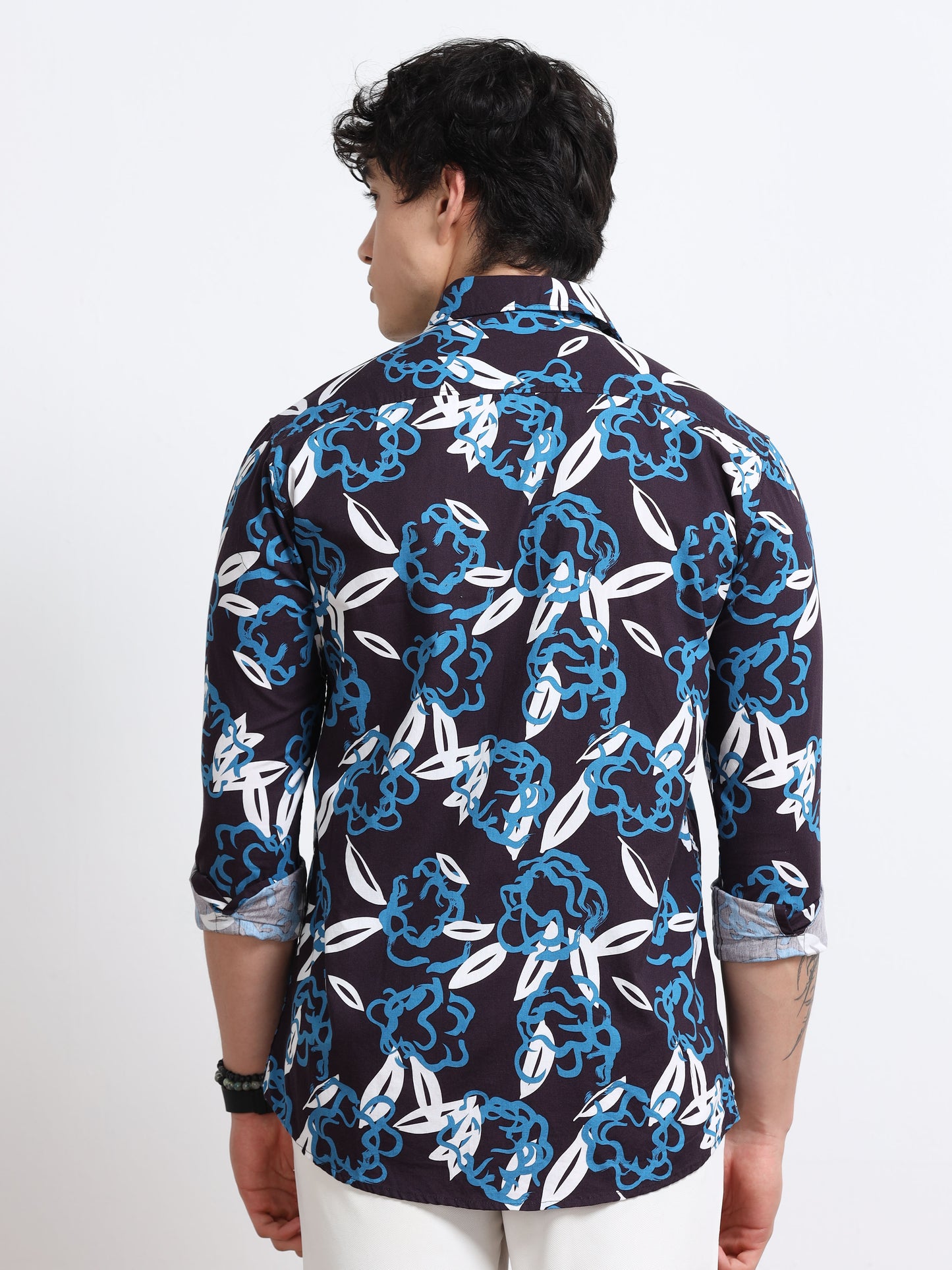 Men’s Navy & Sky Blue Tropical Leaf Printed Cotton Shirt by Black Thread